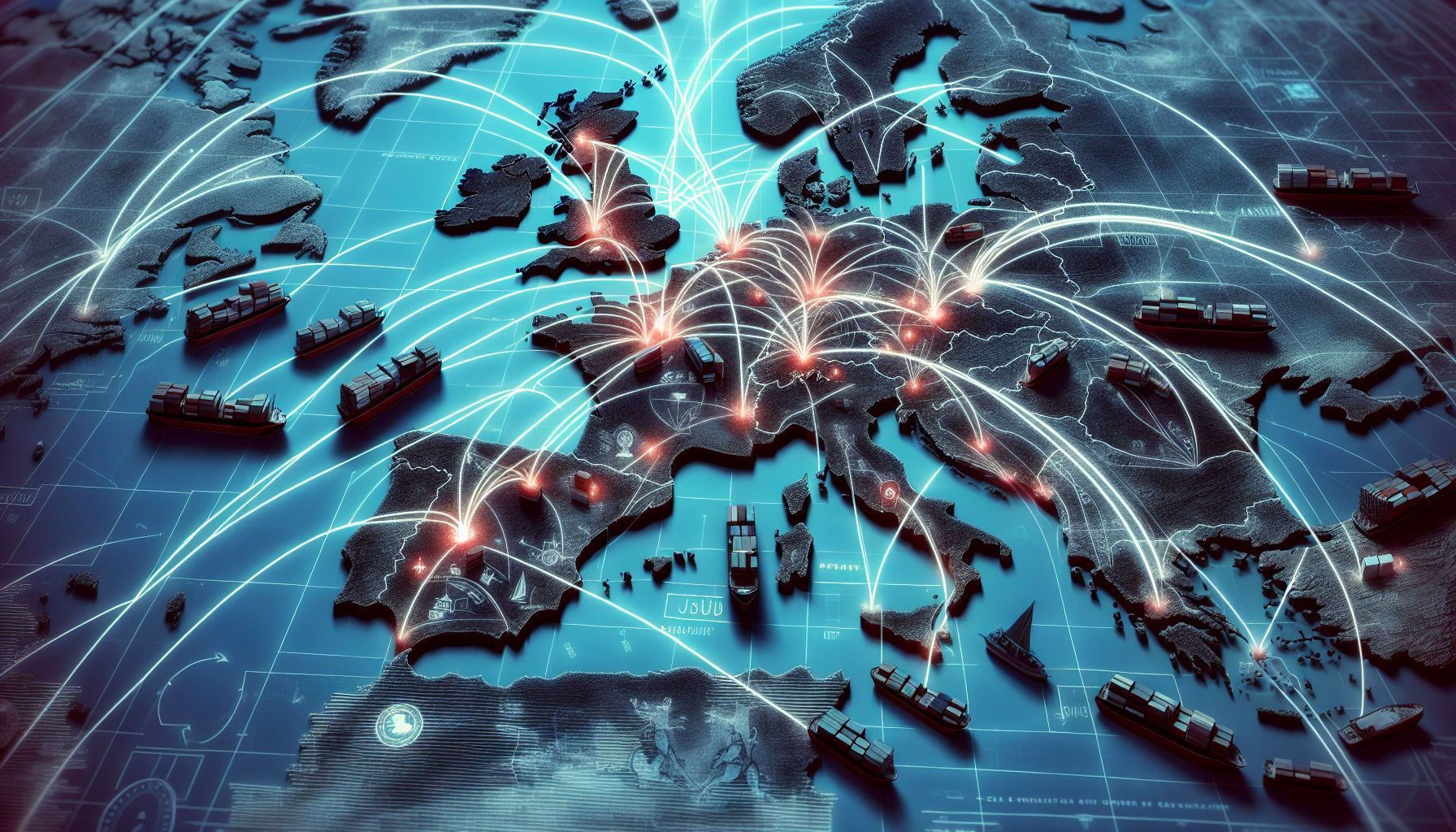 Una imagen ilustrativa que muestra un mapa delineado con rutas comerciales desde varios países del mundo hasta el Reino Unido, simbolizando el proceso de importación al Reino Unido.