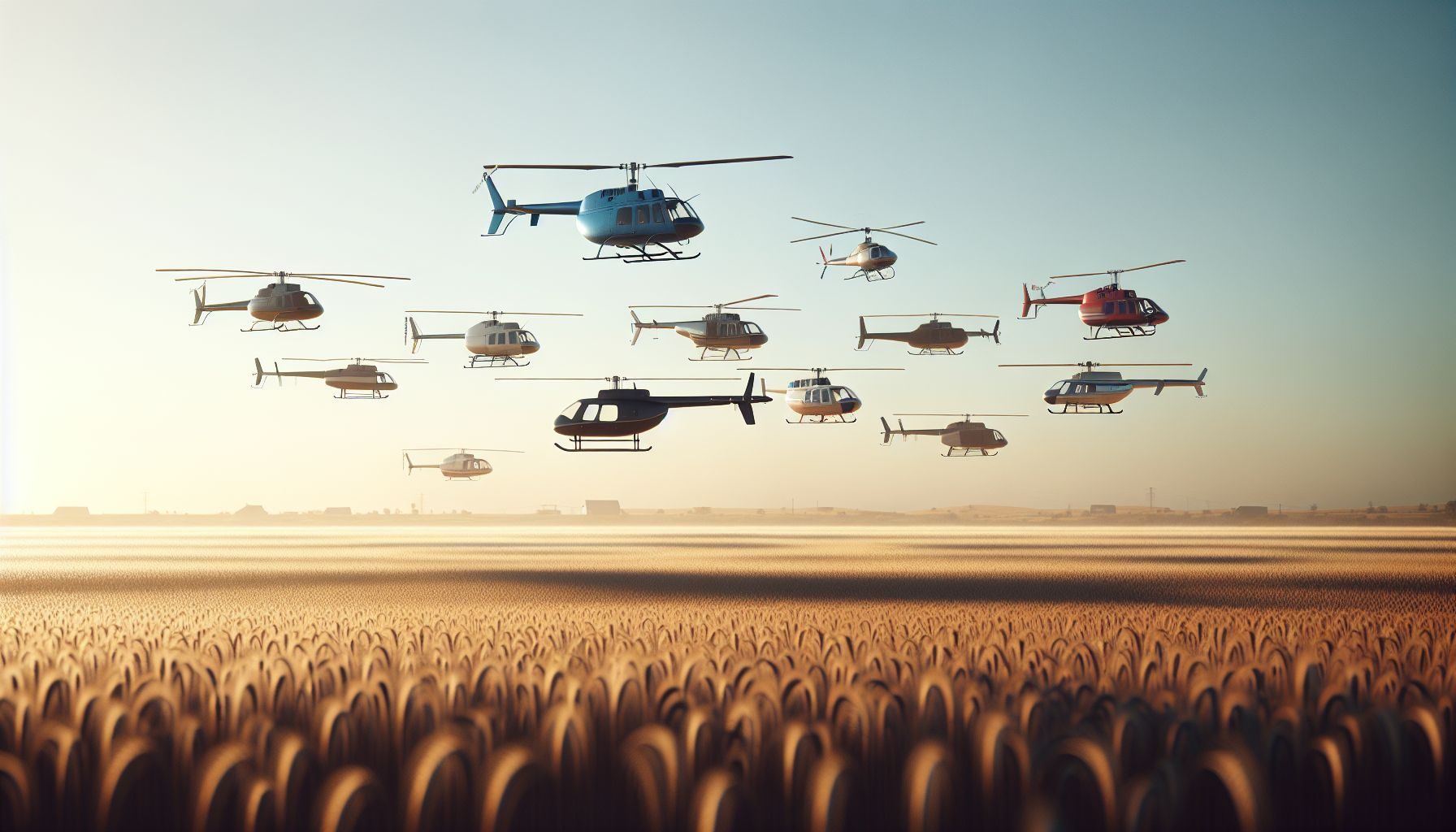 An array of different helicopter models displayed side by side, representing the various choices available for purchase.
