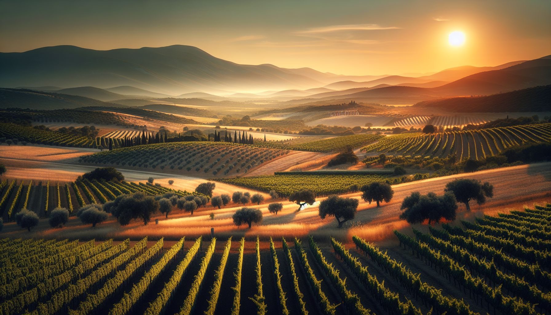 Un paysage serein dépeignant les riches champs agricoles de Croatie, présentant des rangées de vignobles et d'oliviers sous la douce lueur du coucher de soleil.