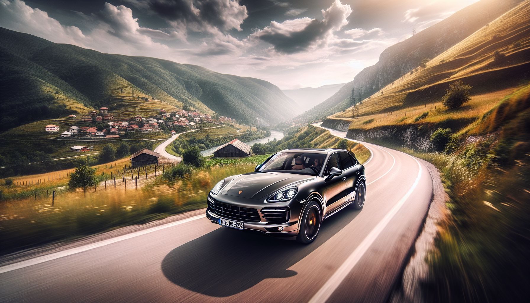 Une photo d'action dynamique d'une Porsche Cayenne en mouvement sur une route de campagne en Bosnie-Herzégovine, soulignant les performances du véhicule et le paysage local captivant.