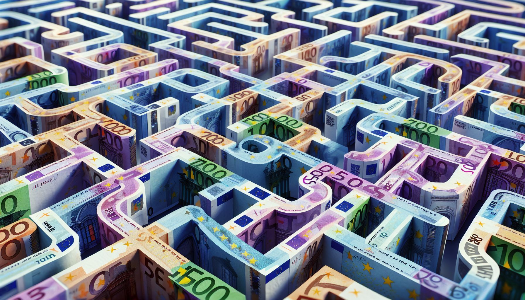 A maze built of euro currency notes, representing the complexities and challenges faced in navigating the Belgian tax system.