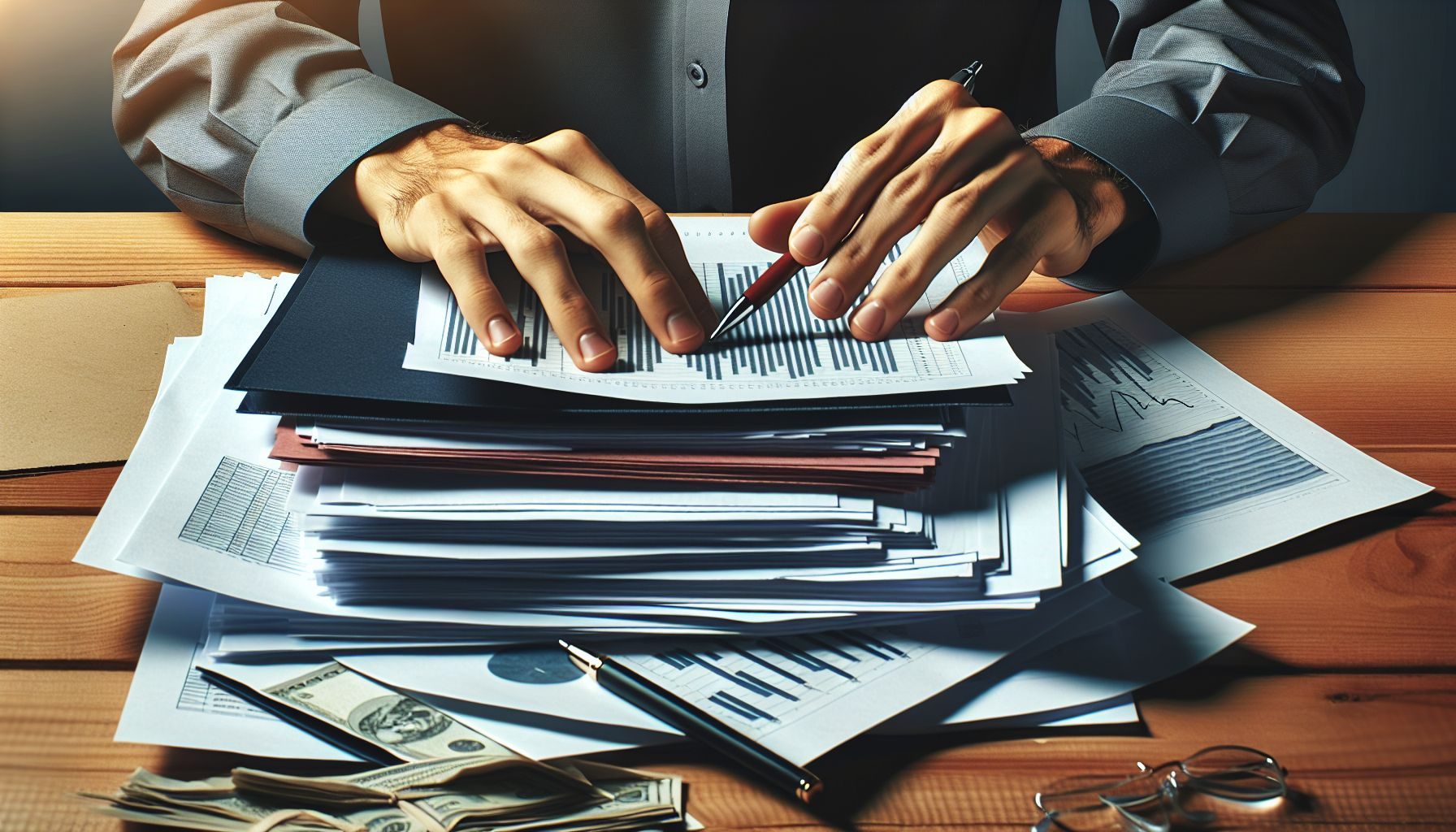 Un primer plano de manos mezclando y organizando papeles, indicando un exhaustivo proceso de investigación de mercado.