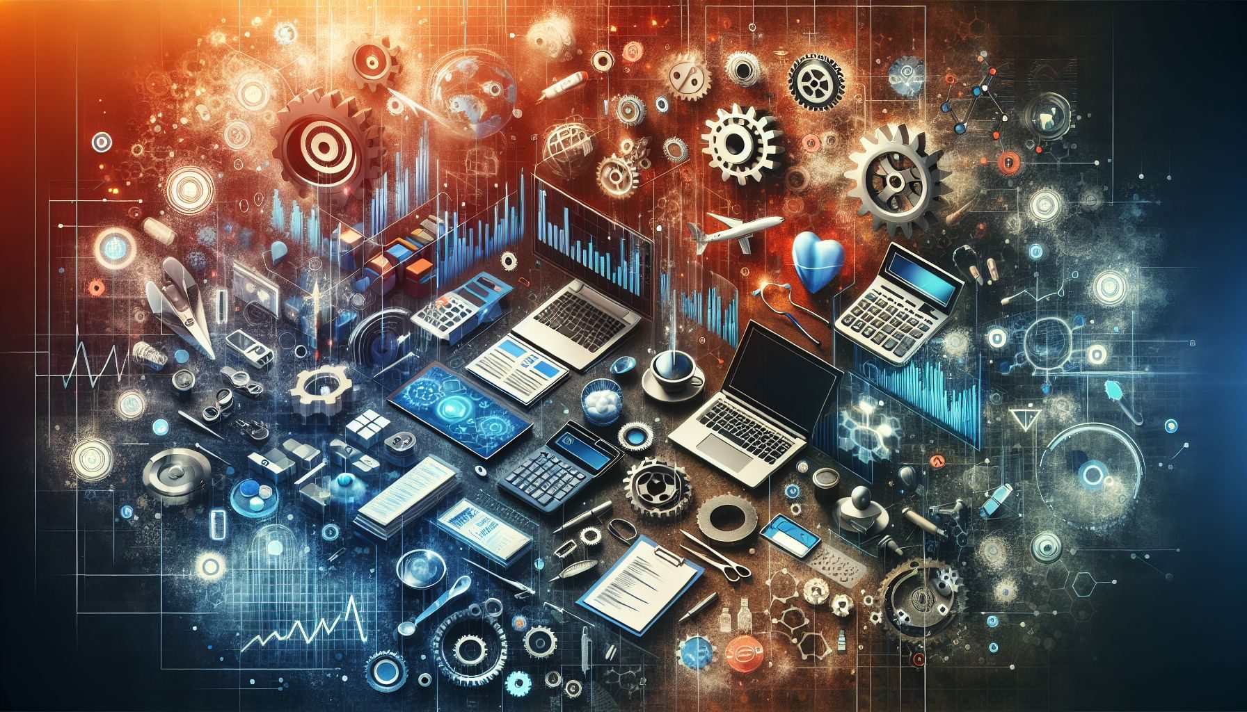 A dynamic image showcasing some representative tools and devices used in business management, IT, engineering, and healthcare, symbolizing the required skills and qualifications for high-paying jobs in Hungary.