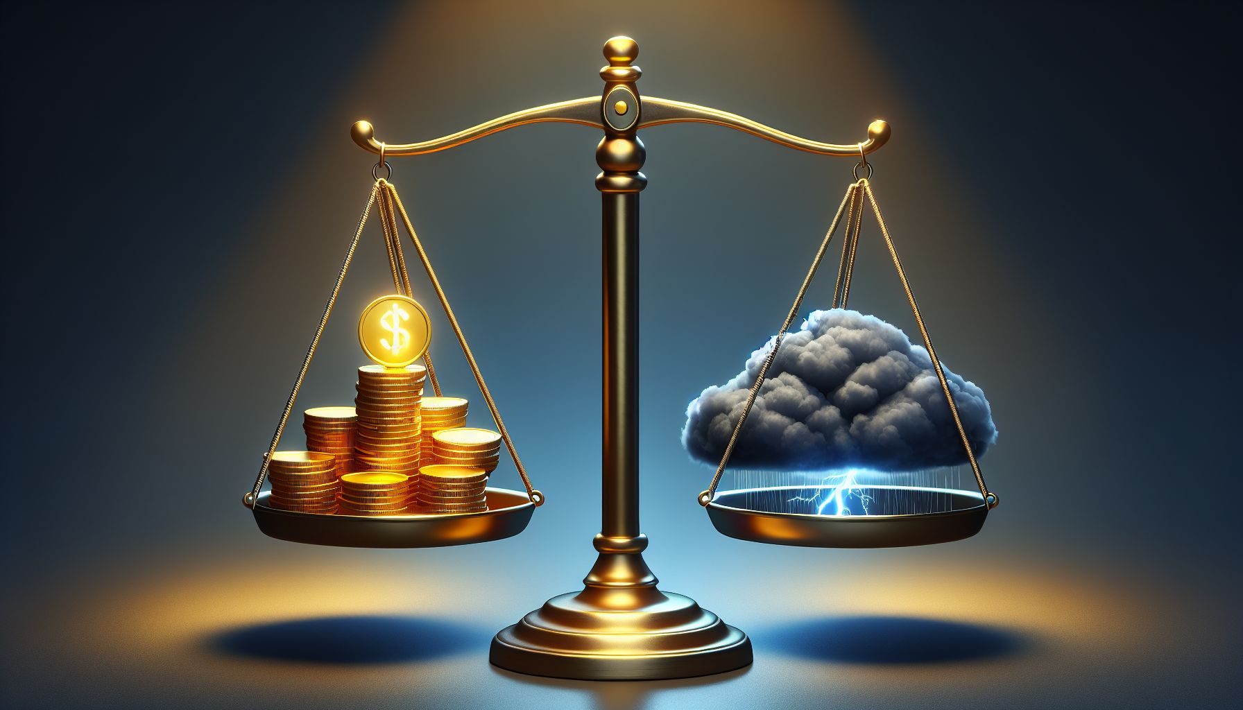 The visual representation of a balance scale, with one side symbolizing business opportunities such as a gold coin stack, while the other side depicts potential pitfalls indicated by a looming storm cloud. This symbolizes the need for careful planning and strategy in leveraging event opportunities while mitigating risks.