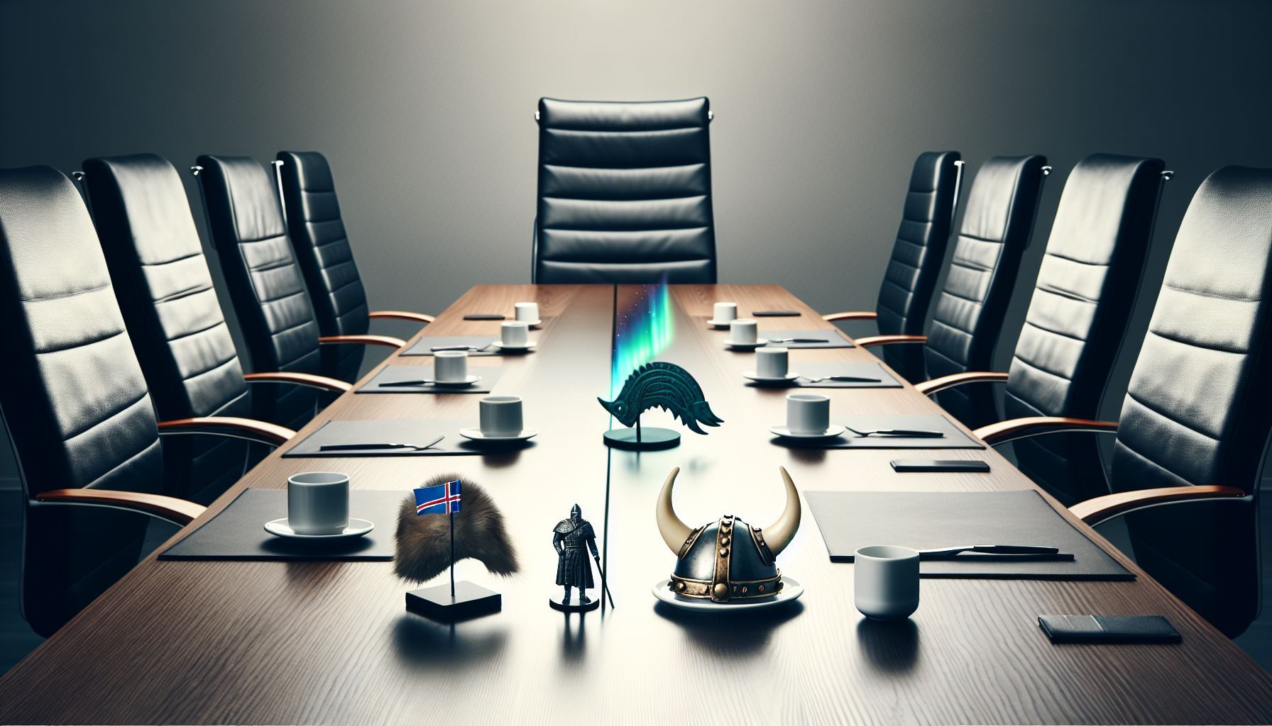 An image of a meeting room table with empty chairs, symbolizing a business discussion, with little cultural icons of Iceland like the Aurora Borealis and a miniature Viking helmet subtly placed on the table.