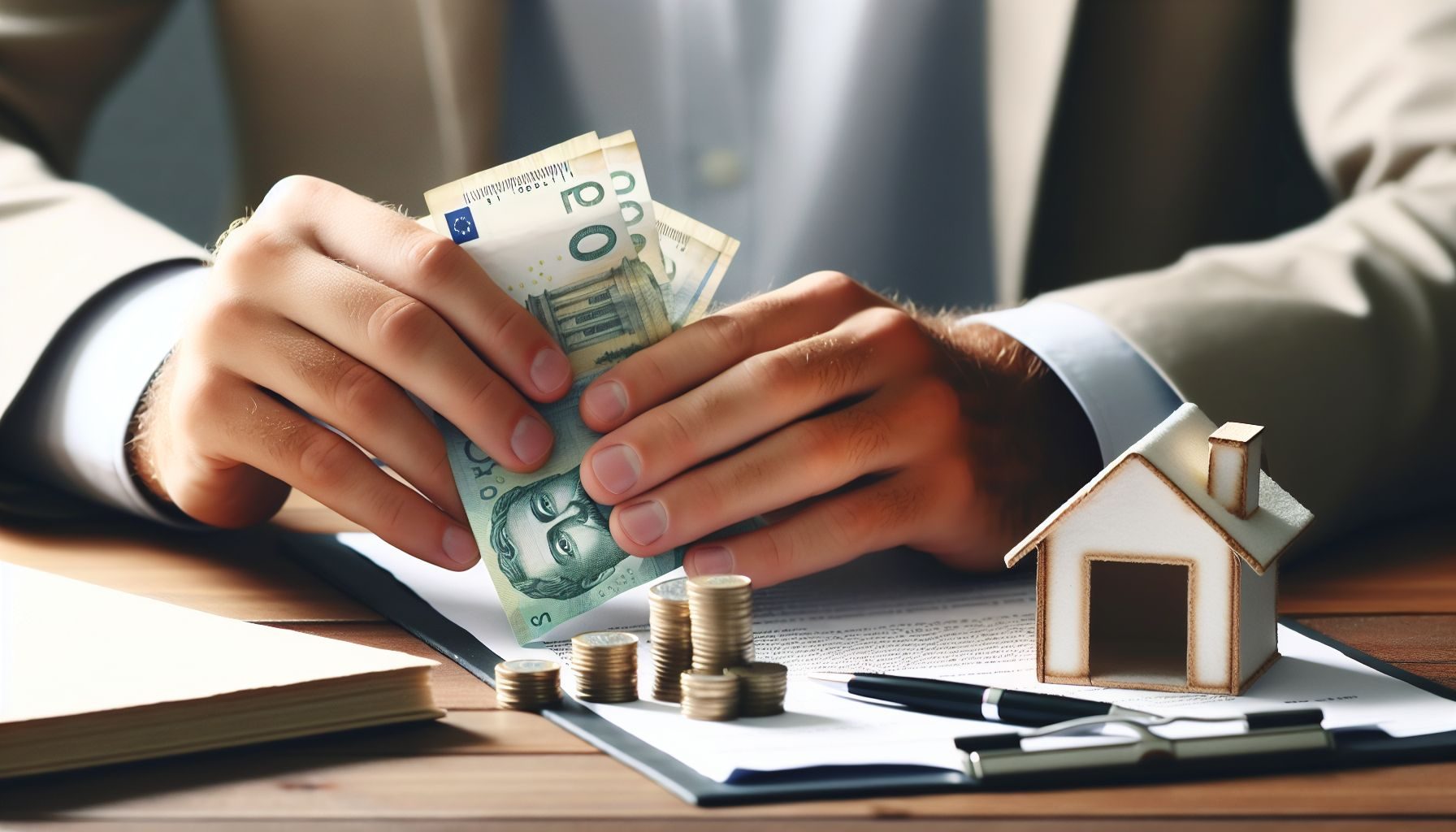 Un gros plan détaillé d'une paire de mains feuilletant des billets de banque grecs, une petite pile de pièces sur la table à côté d'eux symbolisant l'aspect financier du processus d'achat de propriété.