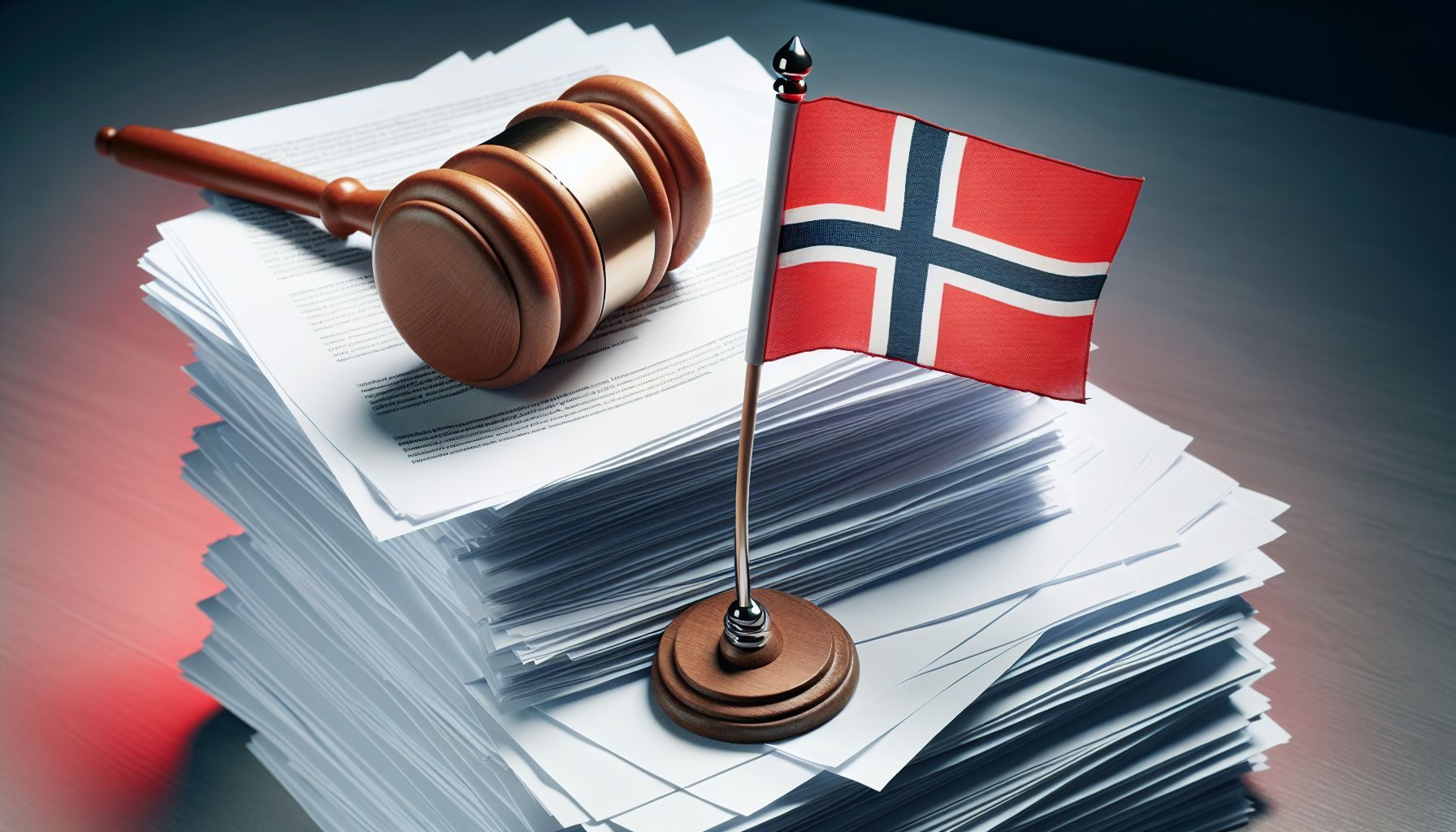 Un martillo, una pila de papeleo y la bandera noruega simbolizando las estrictas regulaciones y los complejos procedimientos administrativos en Noruega.