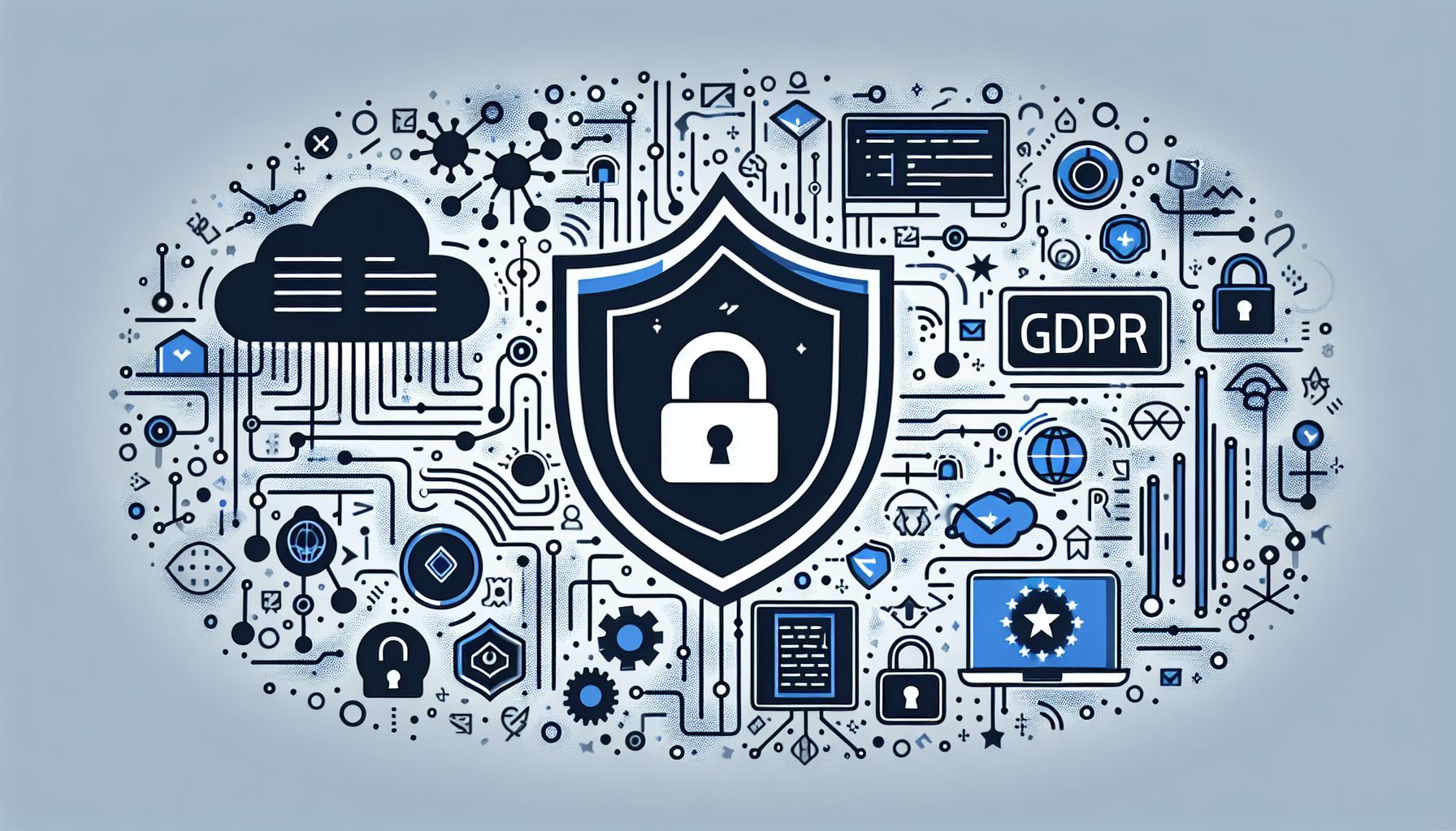 A graphical representation of the General Data Protection Regulation (GDPR) with relevant symbols illustrating the most relevant aspects of the regulation.