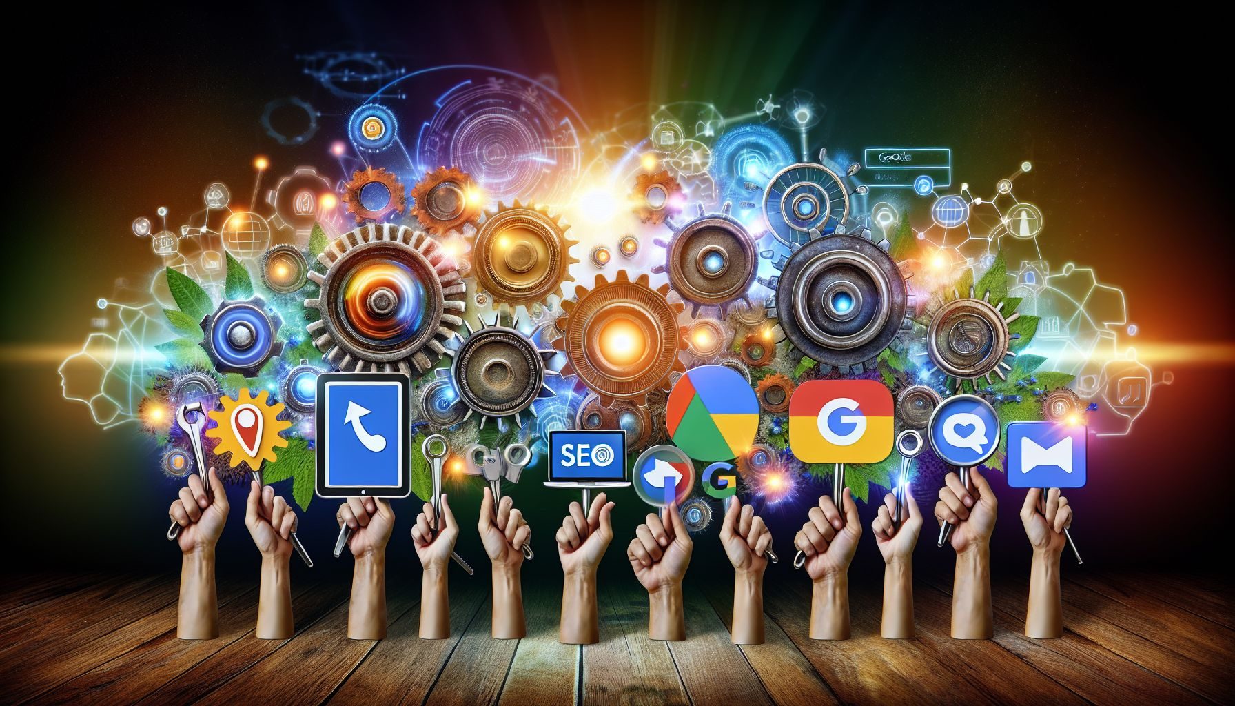 An engaging photograph showcasing a spectrum of digital tools ranging from SEO to Google Ads lined up, emphasizing their role in the success of digital marketing strategies.