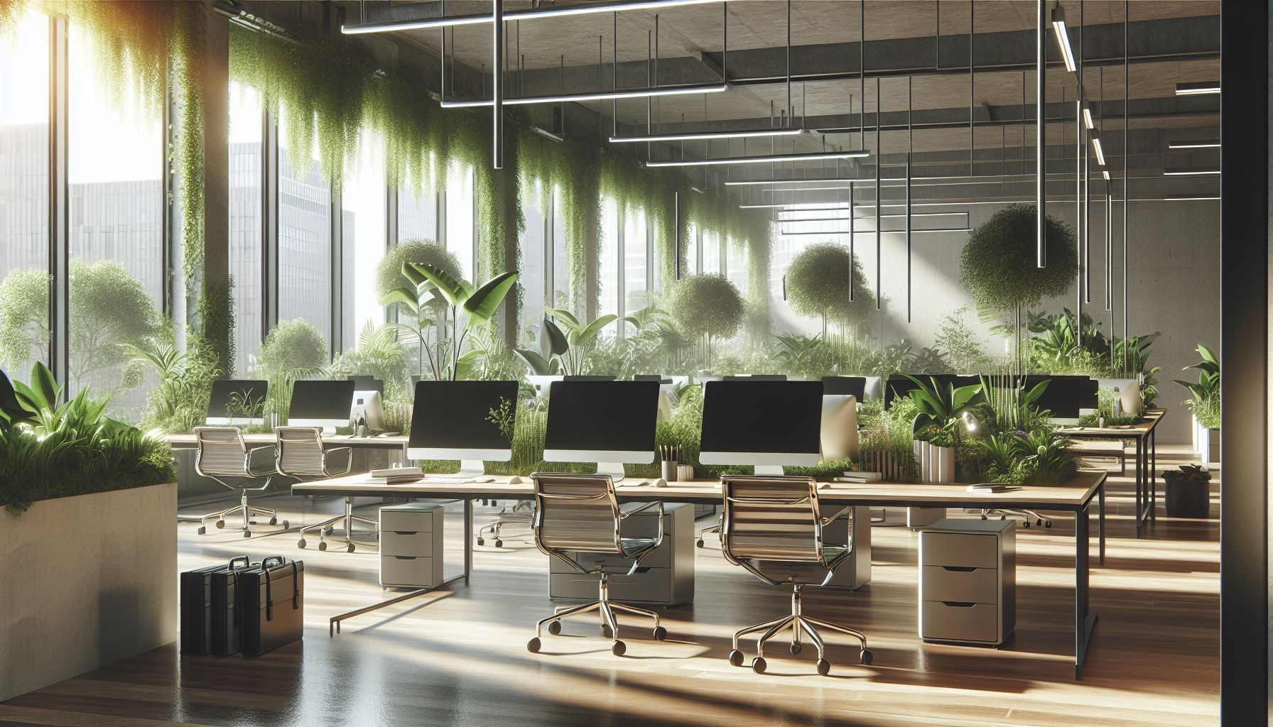 A snapshot of a well-lit, modern workspace, filled with computer screens and office plants, signifying a thriving and sustainable work environment in Sweden.