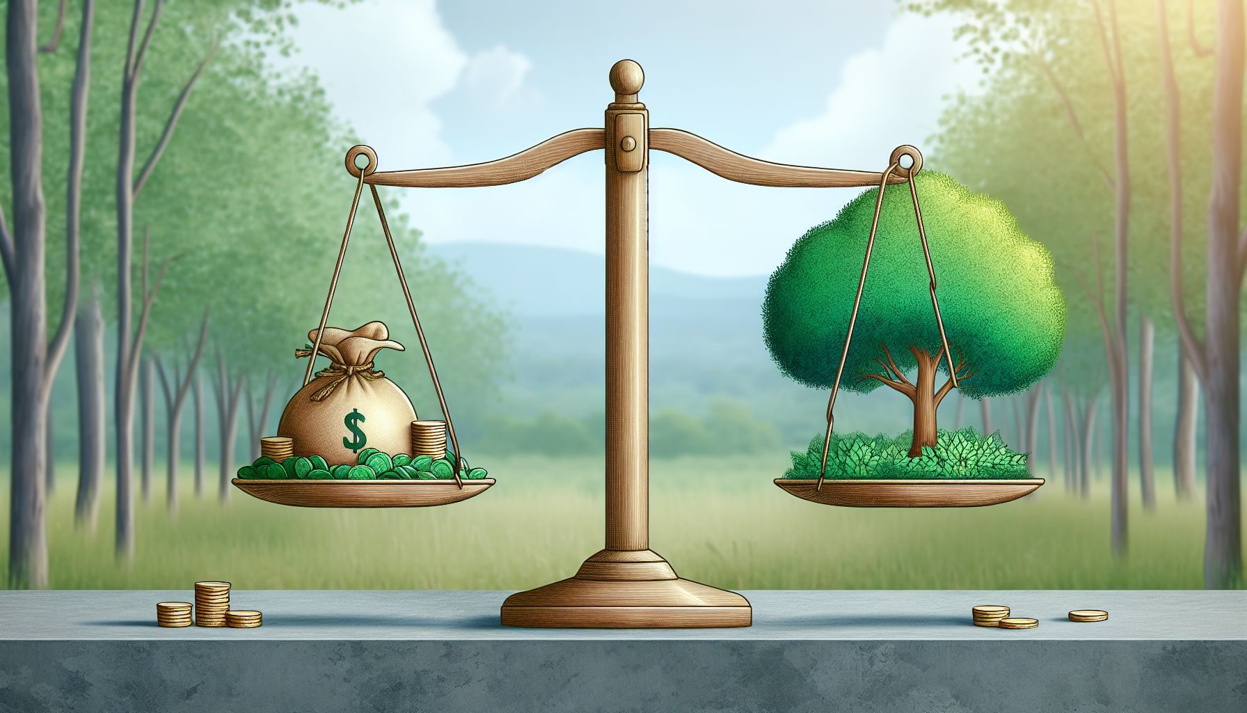 Une représentation graphique illustrant une balance avec la rentabilité immédiate d'un côté et la durabilité à long terme de l'autre.