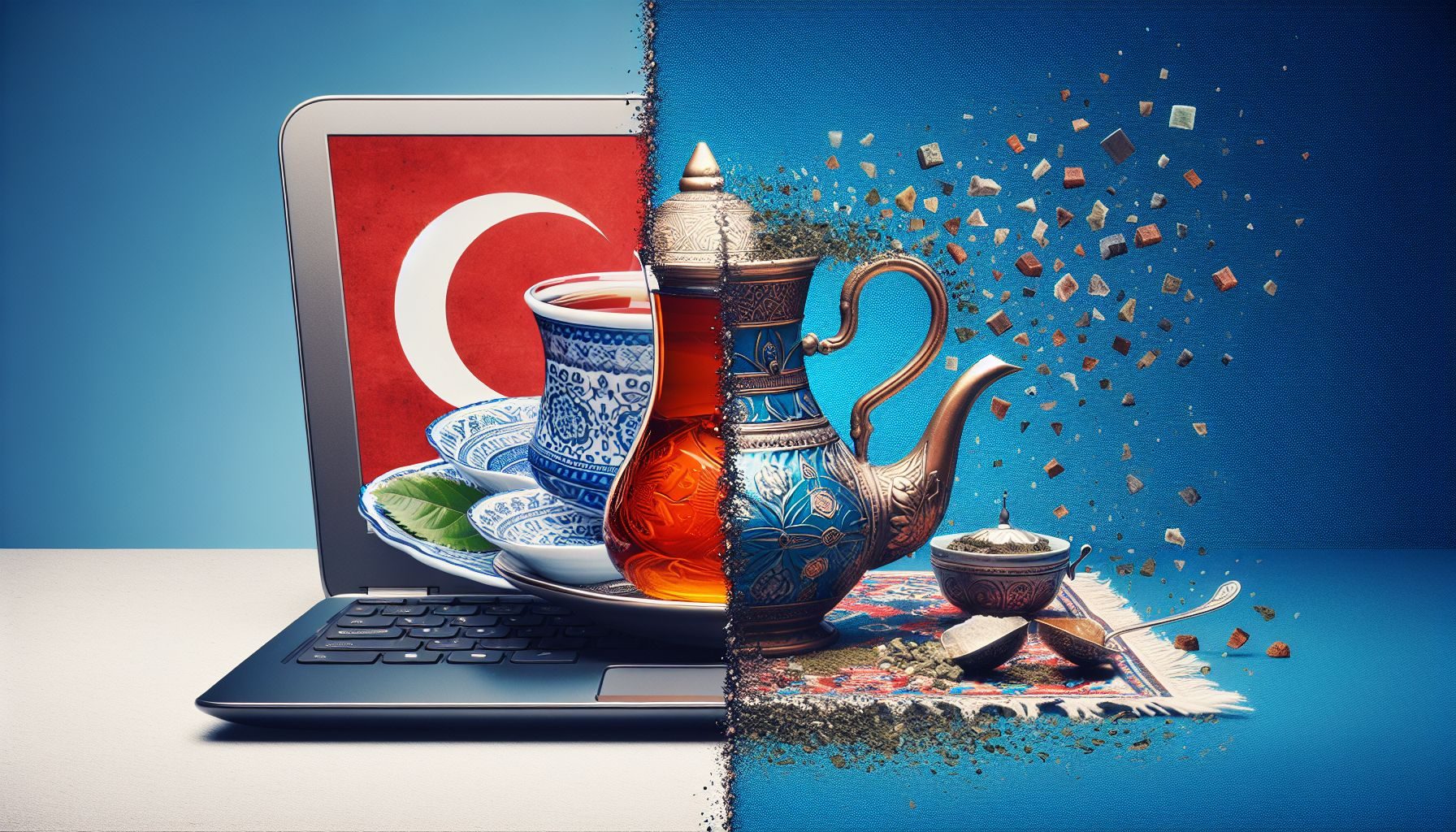 Una imagen combinada que muestra una mitad como un tradicional conjunto de té turco, significando las costumbres turcas, y la otra mitad un moderno portátil y teléfono inteligente, significando los avances tecnológicos en el soporte al cliente.