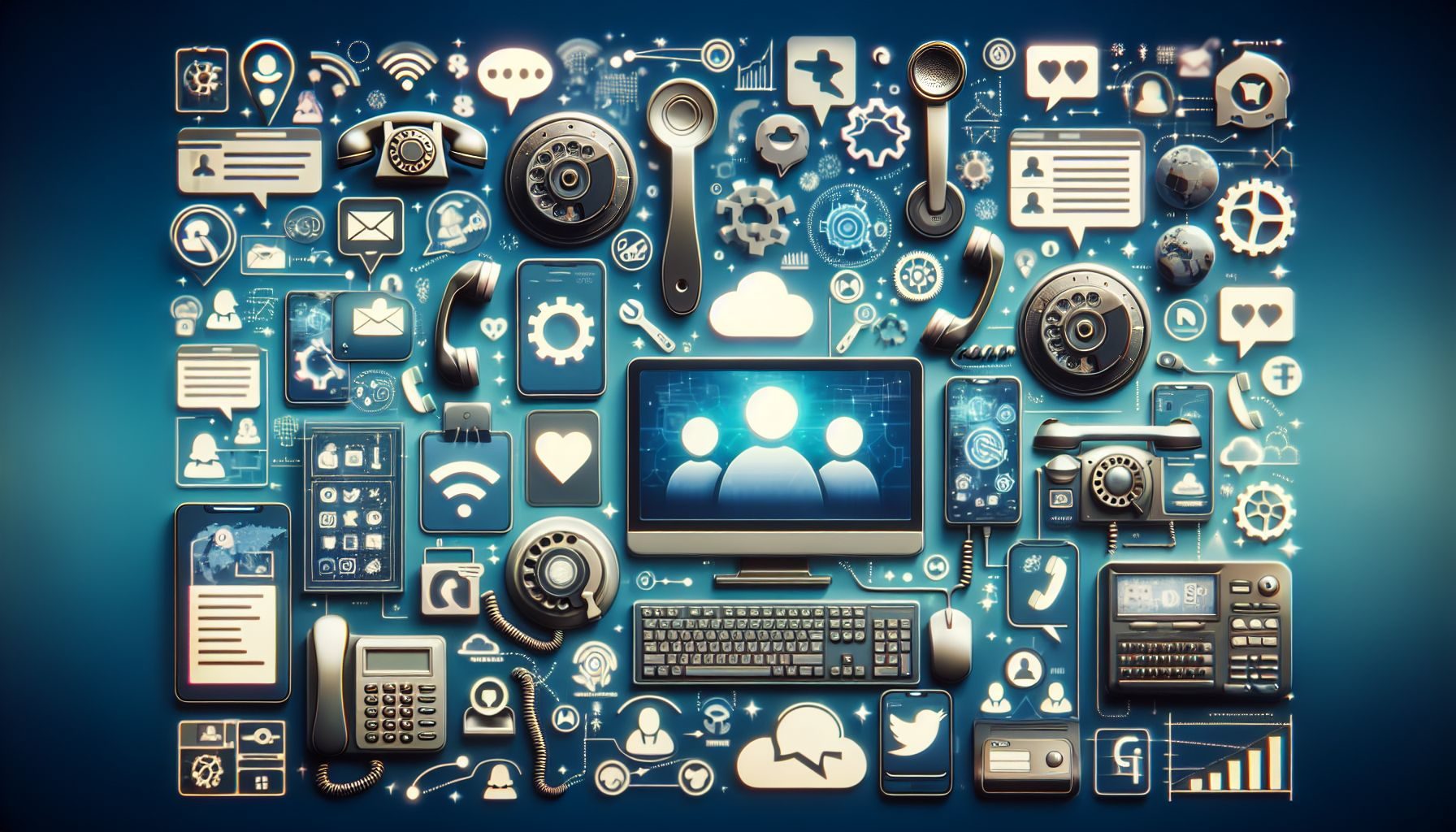 Une photo d'une gamme diversifiée de dispositifs de communication tels que des téléphones, des écrans de chat en direct, des icônes de médias sociaux, représentant les différentes méthodes de support client.