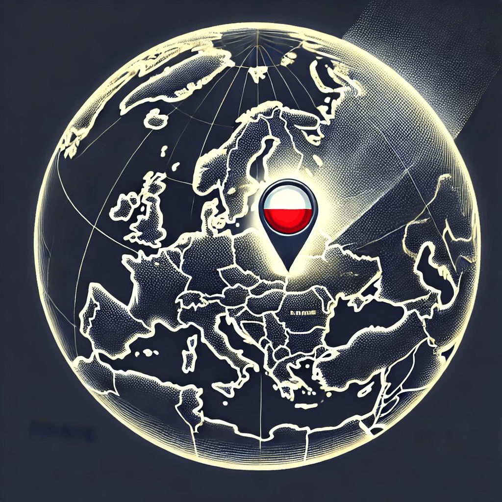 An illustration of a globe with a spotlight or pin marker on Poland, symbolizing a focus on customer support in the country.