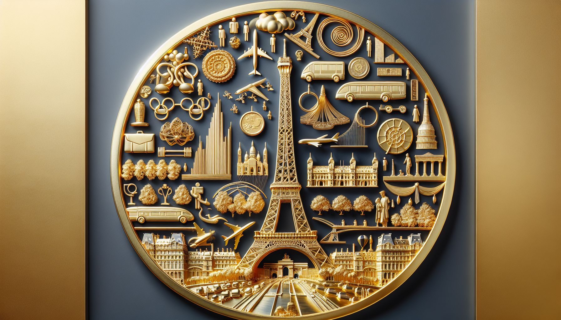 A gilded image of Paris, showcasing iconic locations such as the Eiffel Tower, entwined with subtle symbols of various business sectors like transportation, hospitality, retail, among others, signifying the potential for diverse business opportunities during the Paris Olympics 2024.