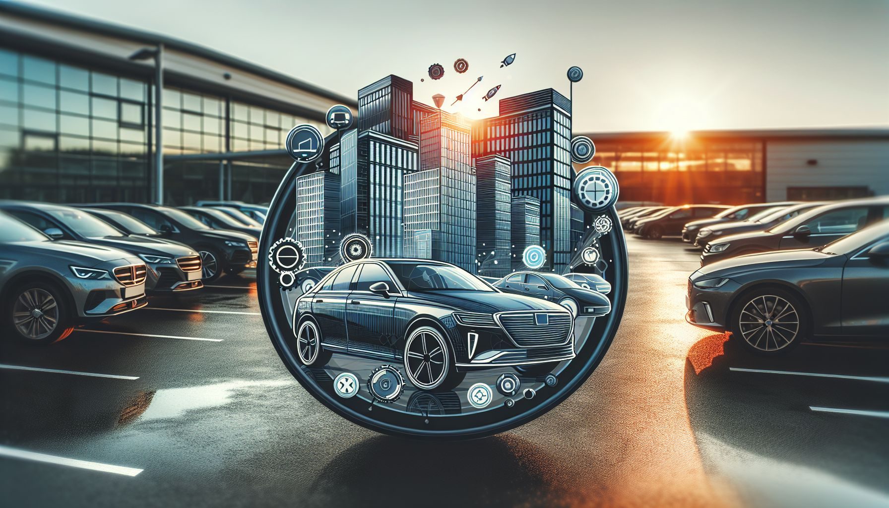 Une voiture de société élégante et moderne dans un parking d'entreprise, symbolisant le concept de véhicule d'entreprise au Royaume-Uni. Notez les reflets sur la peinture du véhicule, indiquant un véhicule bien entretenu.