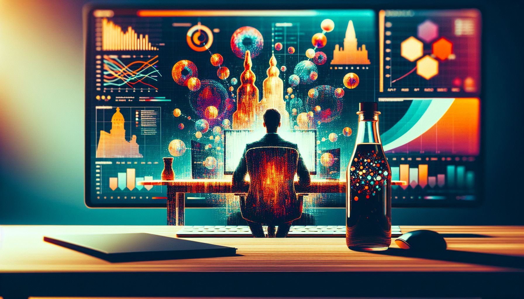 An over-the-shoulder view of a person conducting a competitive market analysis on a computer screen. On the desk are symbolic representations of Malta – a limestone model block (representing Malta's prevalent limestone architecture) and a glass of Kinnie (a popular Maltese beverage).