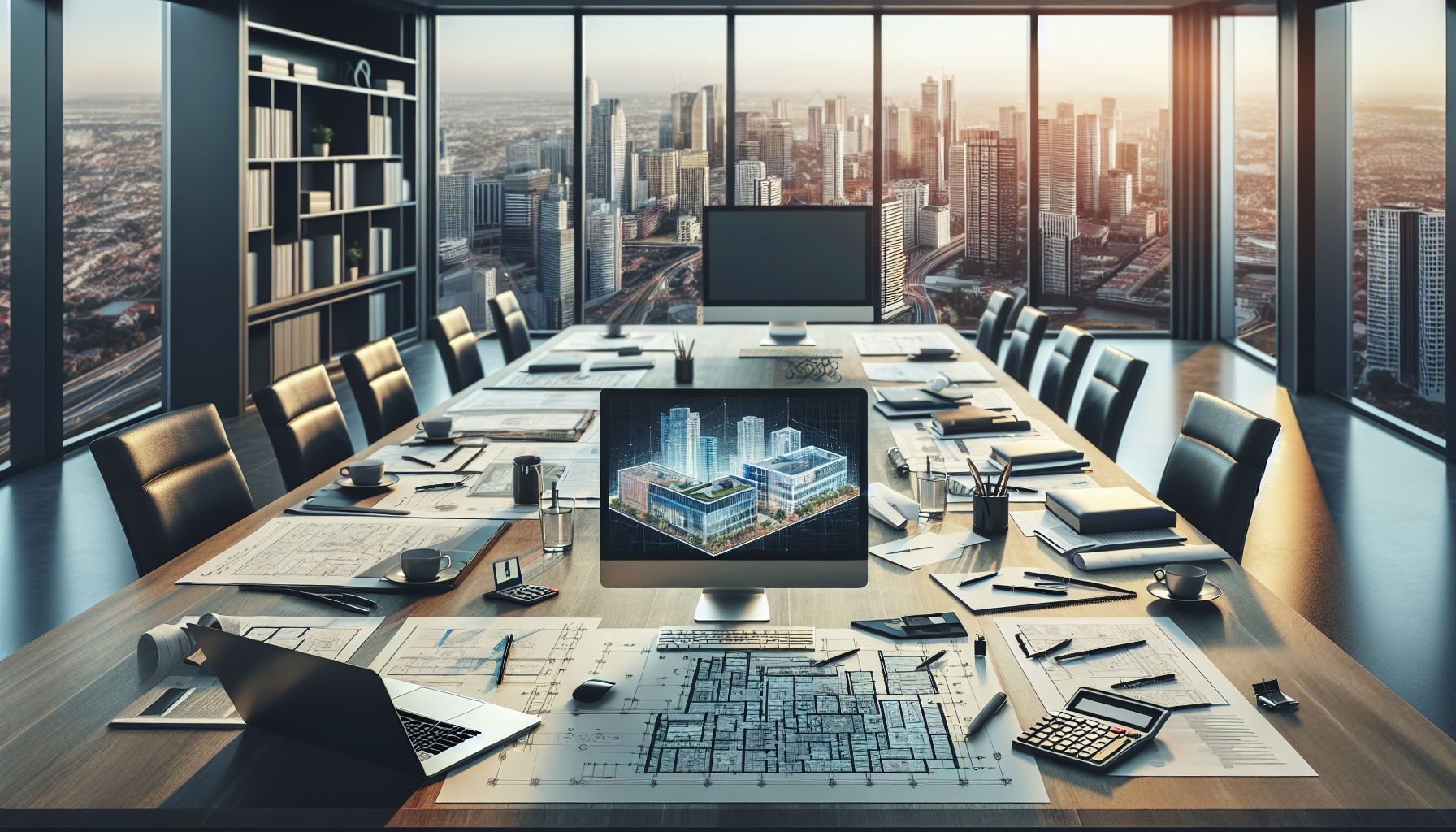 The Grannville Consulting perspective — An overhead shot of a table featuring a property map, financial calculators,desktop computer, marked documents and architectural blueprints. This represents the comprehensive services offered by Grannville Consulting in assisting with the commercial property buying process in Poland.