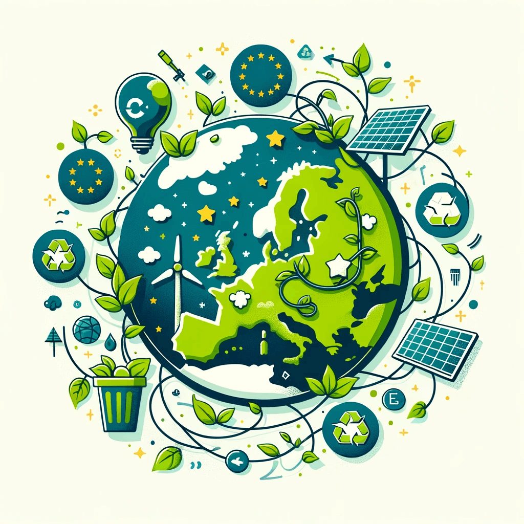 Illustration of a globe focused on Europe, with green vines and leaves wrapping around it. Various sustainable icons like a wind turbine, solar panel.