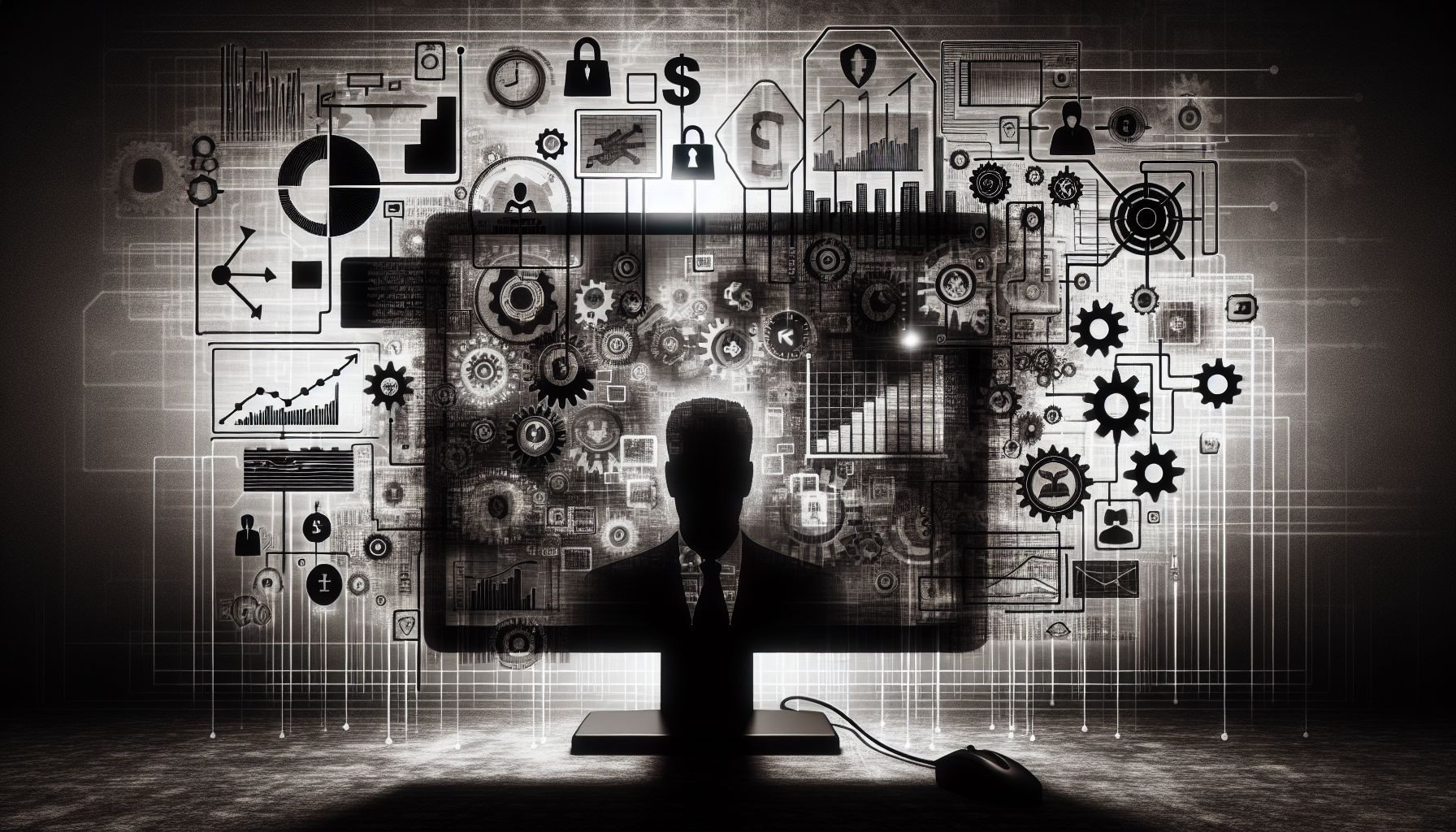 A darkened computer screen symbolizing the Crowdstrike cybersecurity outage, with various business icons (bar graphs, money signs, gears) disappearing into the darkness.