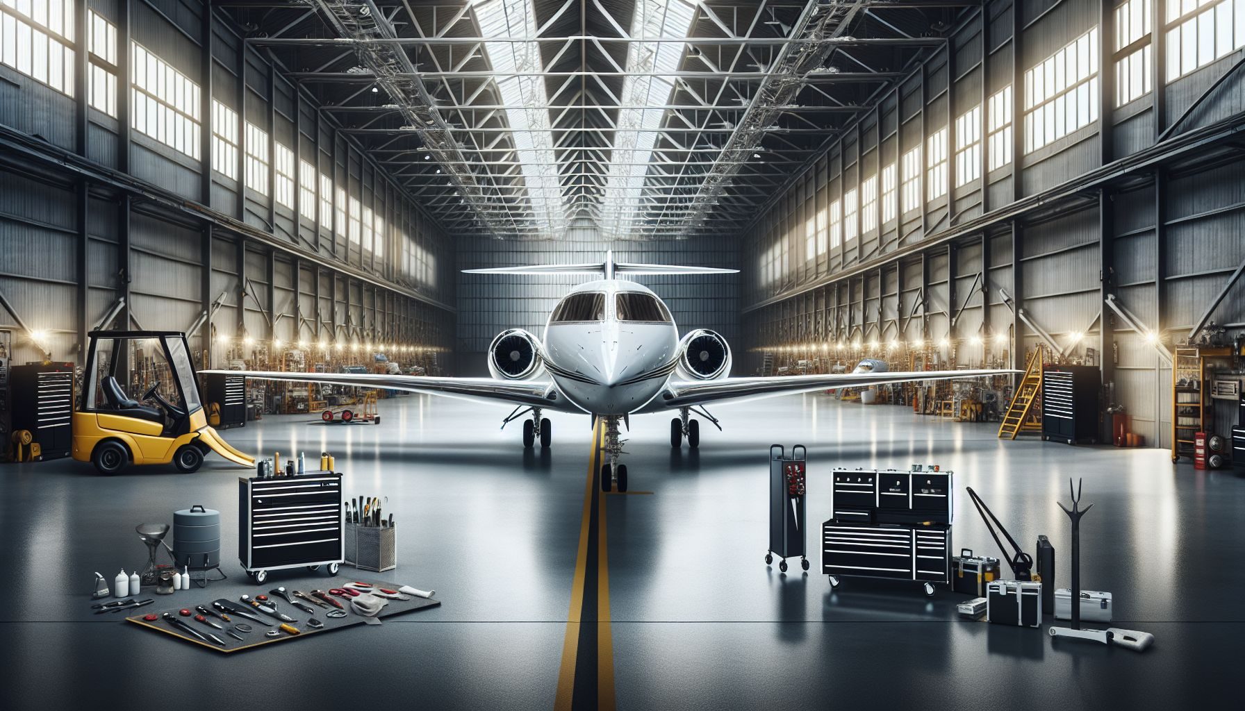 A well-maintained private jet in a hangar symbolizing the significance of post-purchase responsibilities including routine maintenance and storage considerations.