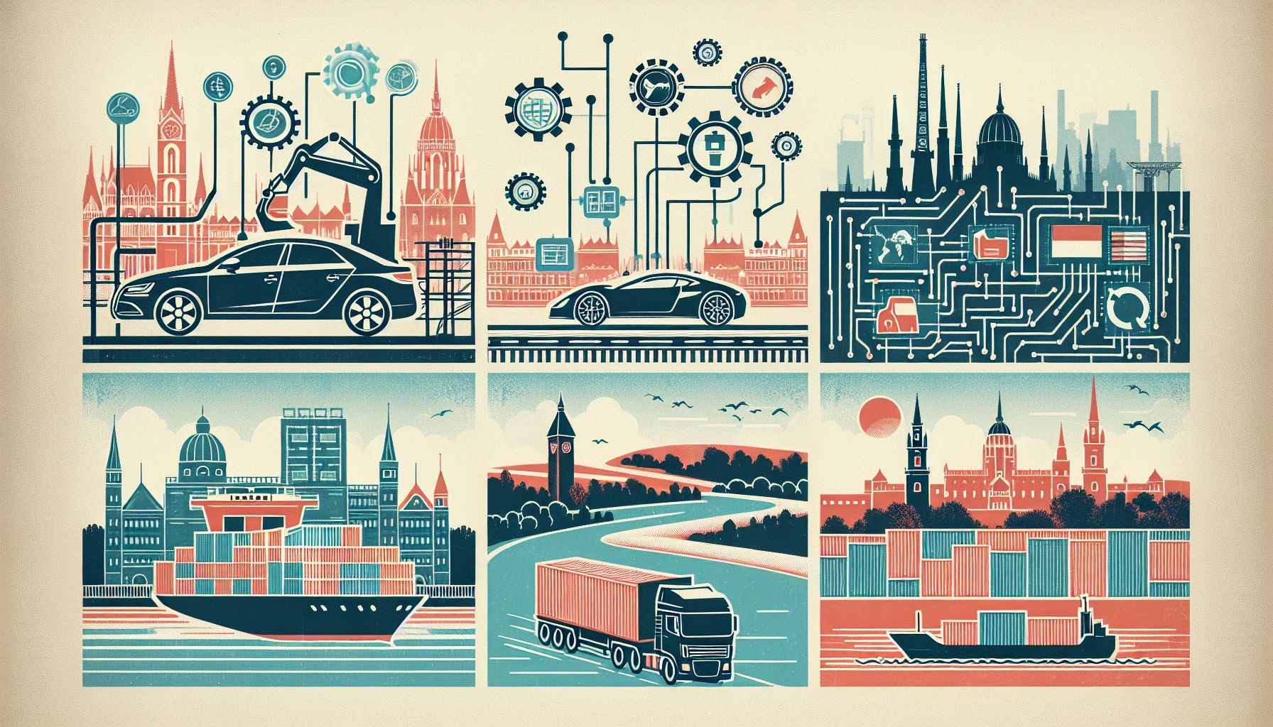 A conceptual picture depicting a series of doors, each labeled with different industry names found in Hungary (car manufacturing, information technology, trade and logistics, and tourism).