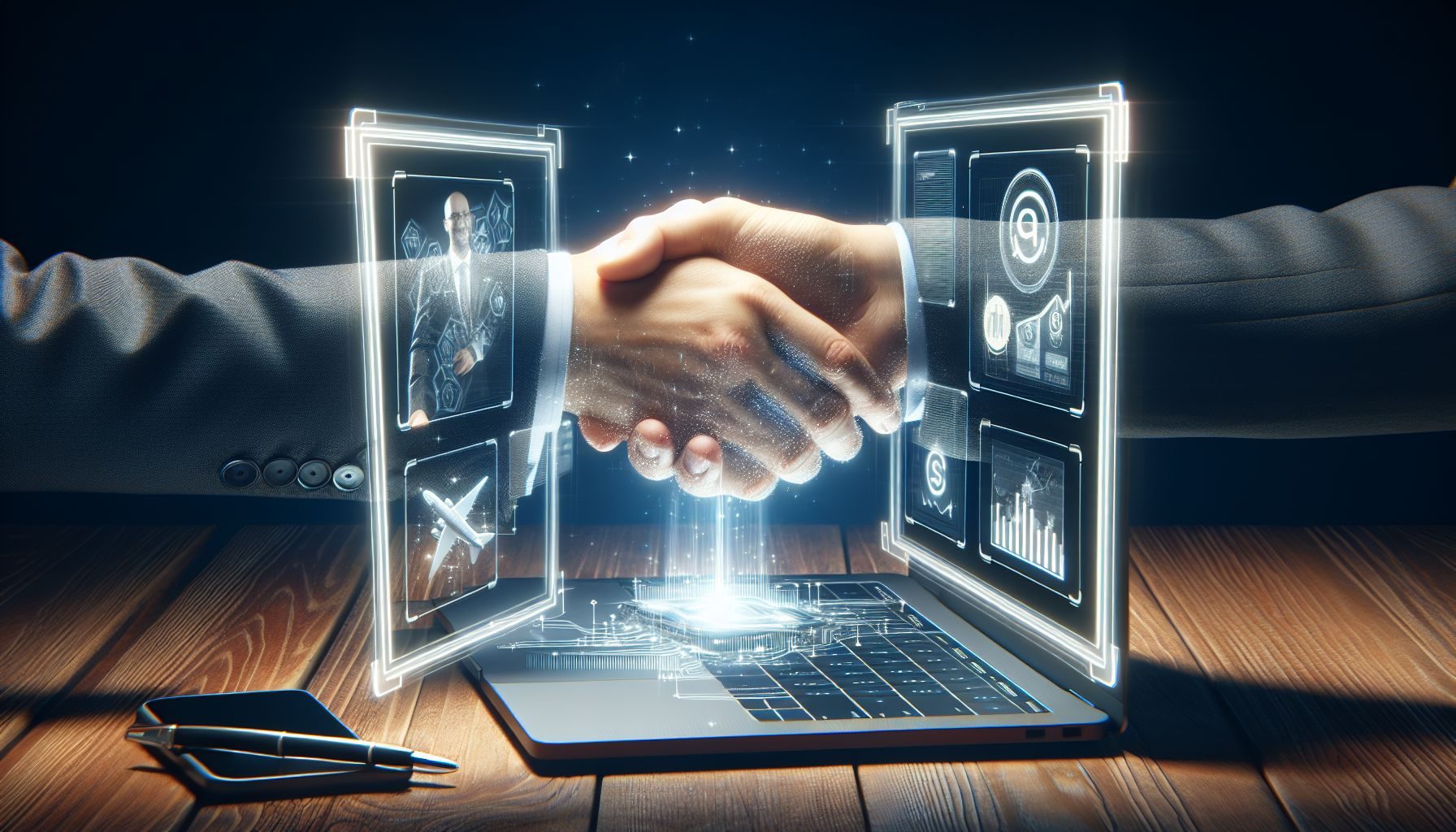 An image that symbolizes a successful partnership, such as two hands shaking via computer screens, representing remote consultation and support towards market entry.