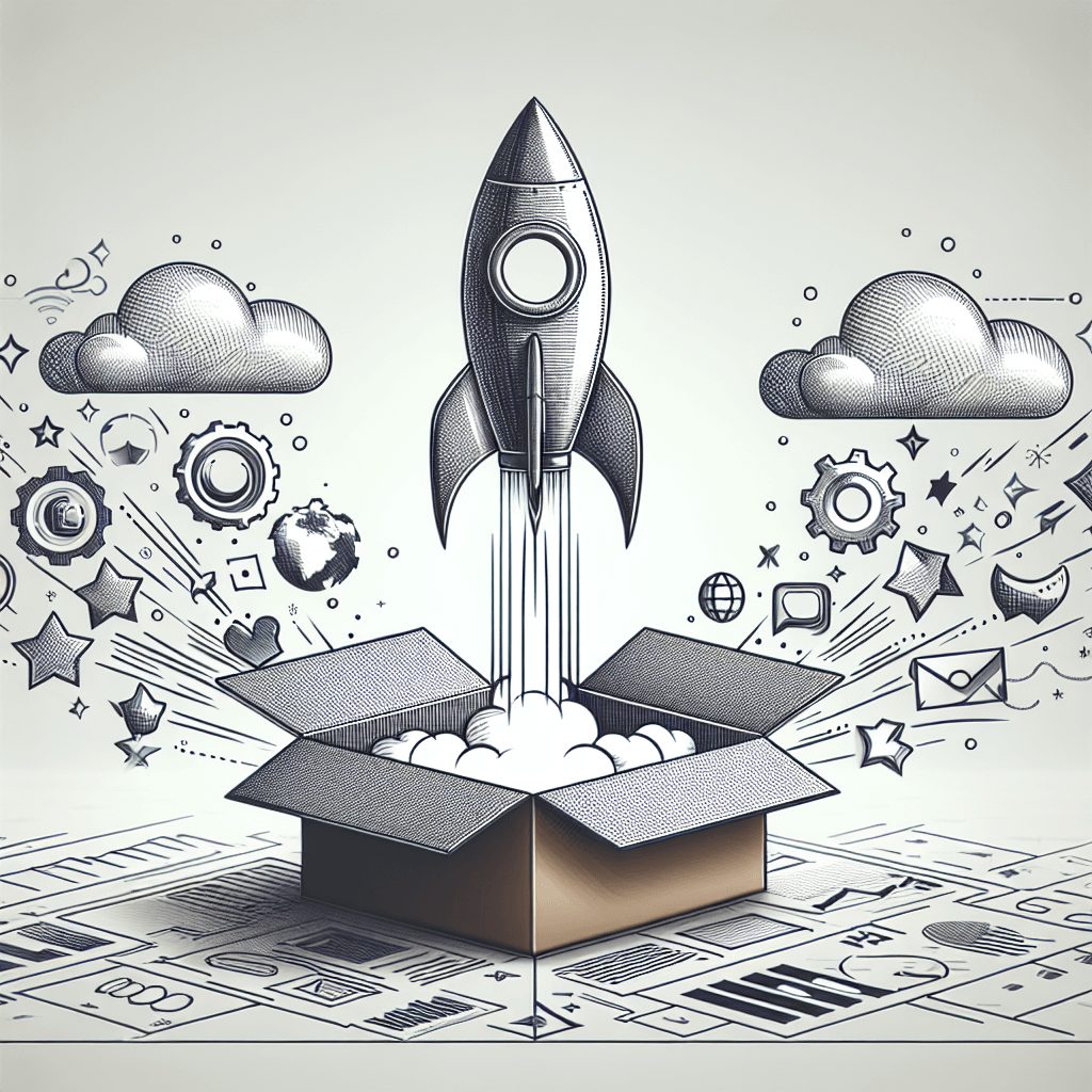 A conceptual image depicting a new product launch. This could include a graphically designed rocket ship flying out from an open box, symbolizing the initiation of the product launch.