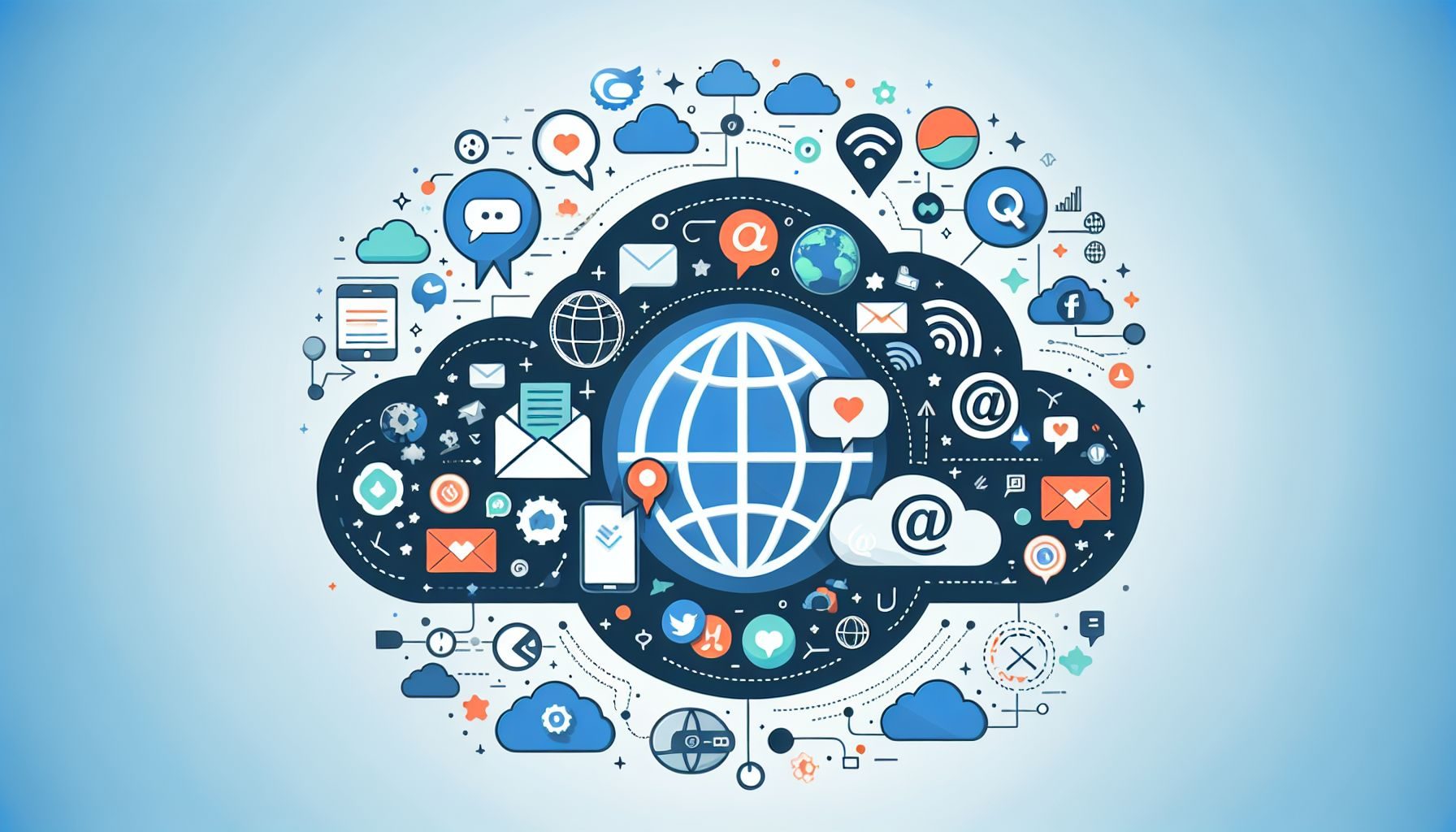 Uma ilustração simbolizando ferramentas de comunicação digital, como chat ao vivo, emails e ícones de mídia social dispostos dentro de uma nuvem ou globo.