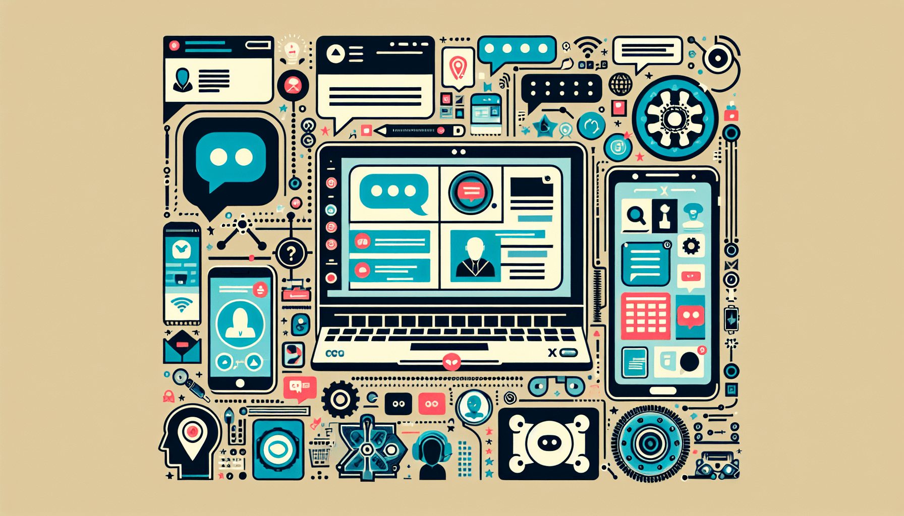 A collage containing various modern customer support tools including laptop with live chat, smartphone with social media notifications, and an AI chatbot icon, emphasizing the technological aspect of customer support in Poland.