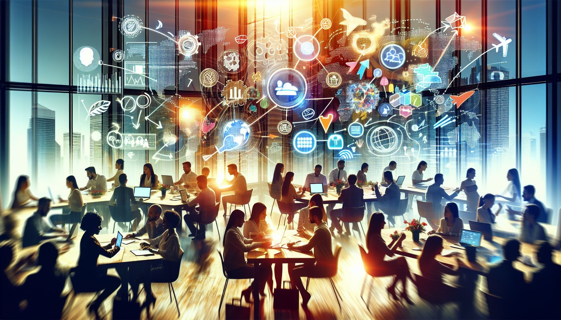Una representación visual de un plan de marketing efectivo que incluye diversas estrategias en línea y fuera de línea.