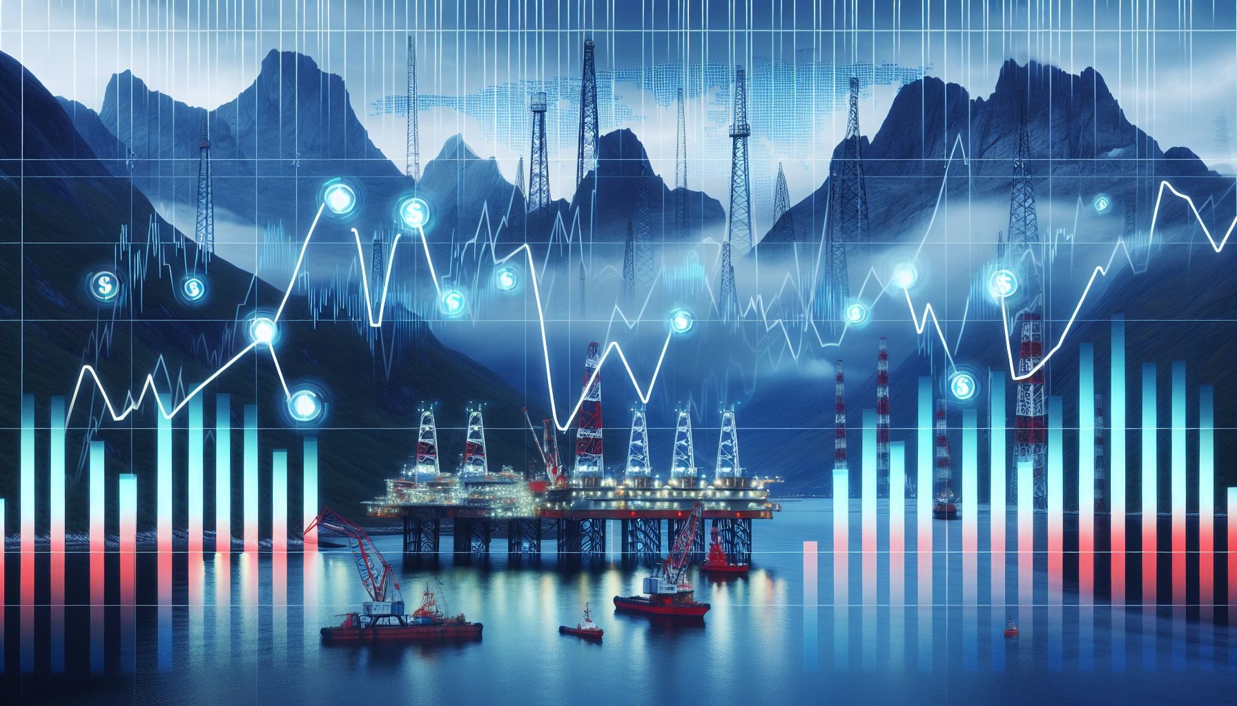 Una representación de un gráfico financiero que muestra fluctuaciones junto con plataformas de perforación de petróleo en el fondo, que significa la dependencia de Noruega del sector energético y la volatilidad de los tipos de cambio.