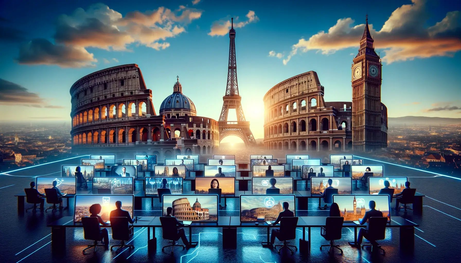 a virtual meeting happening with individual screens floating in front of famous European landmarks such as the Eiffel Tower, Colosseum, and Big Ben, symbolizing remote work across Europe.