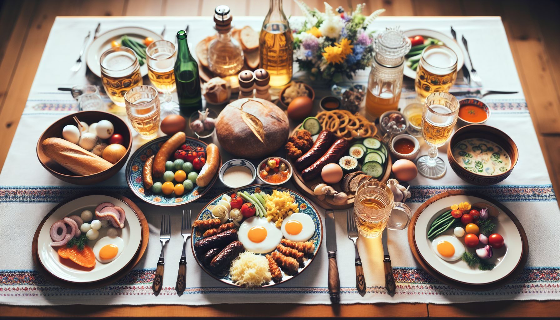 Una foto cercana de una mesa preparada para una comida tradicional eslovaca, incluyendo la cocina local y bebidas, menos cualquier comensal individual.
