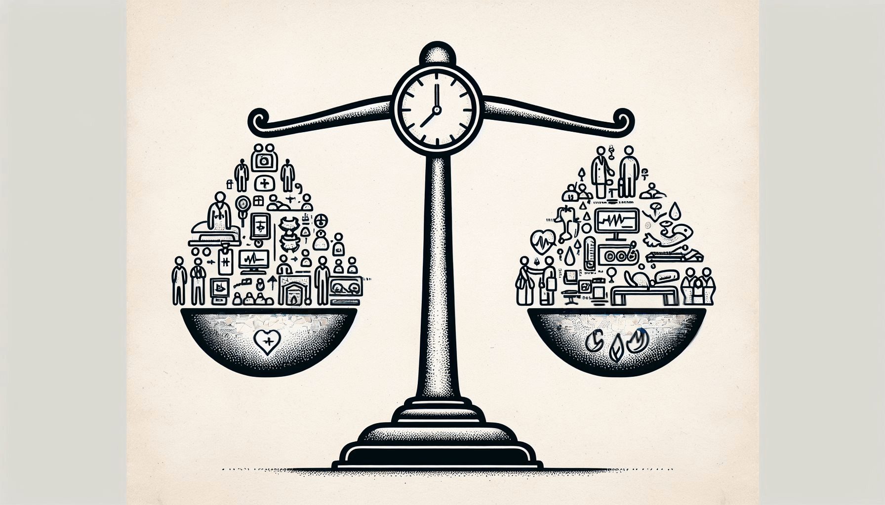 A balanced scale metaphorically depicting the challenges faced by the Norwegian healthcare system, such as resource allocation and maintaining quality care with increased waiting times for certain procedures.