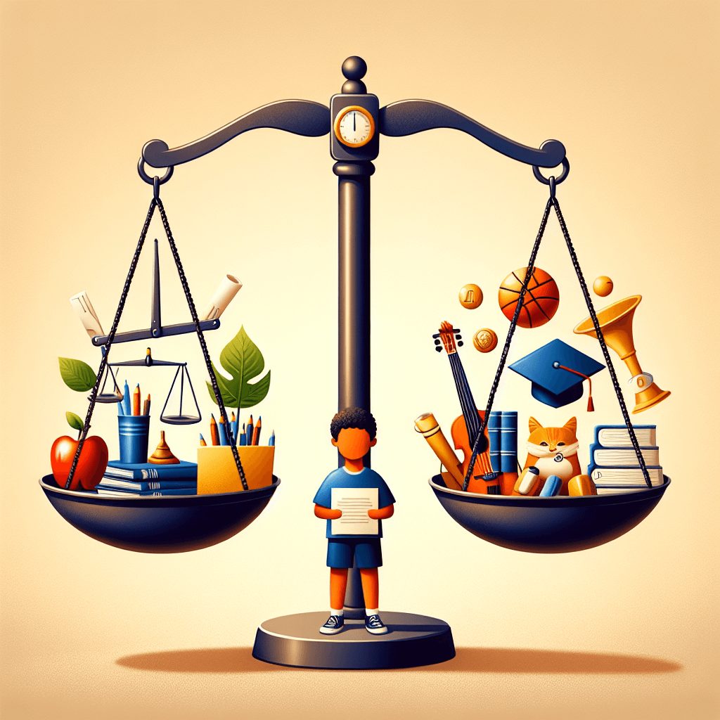 A balanced scale representing a child juggling academic achievement and extracurricular activities, symbolizing the delicate balance needed for successful admission to Oxford University.
