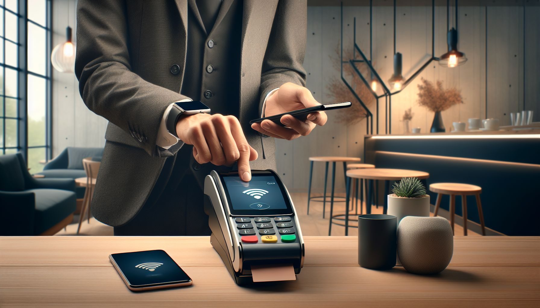 Display of a smartphone and a smartwatch next to a payment terminal, reflecting the growing trend of NFC and contactless payments in Estonia.
