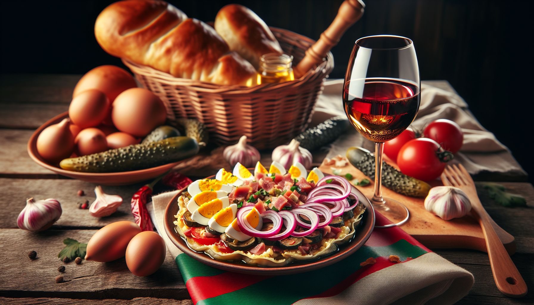 Un primer plano de un plato tradicional búlgaro junto a una copa de vino local, destacando la hospitalidad del país y su orgullo en la cocina.