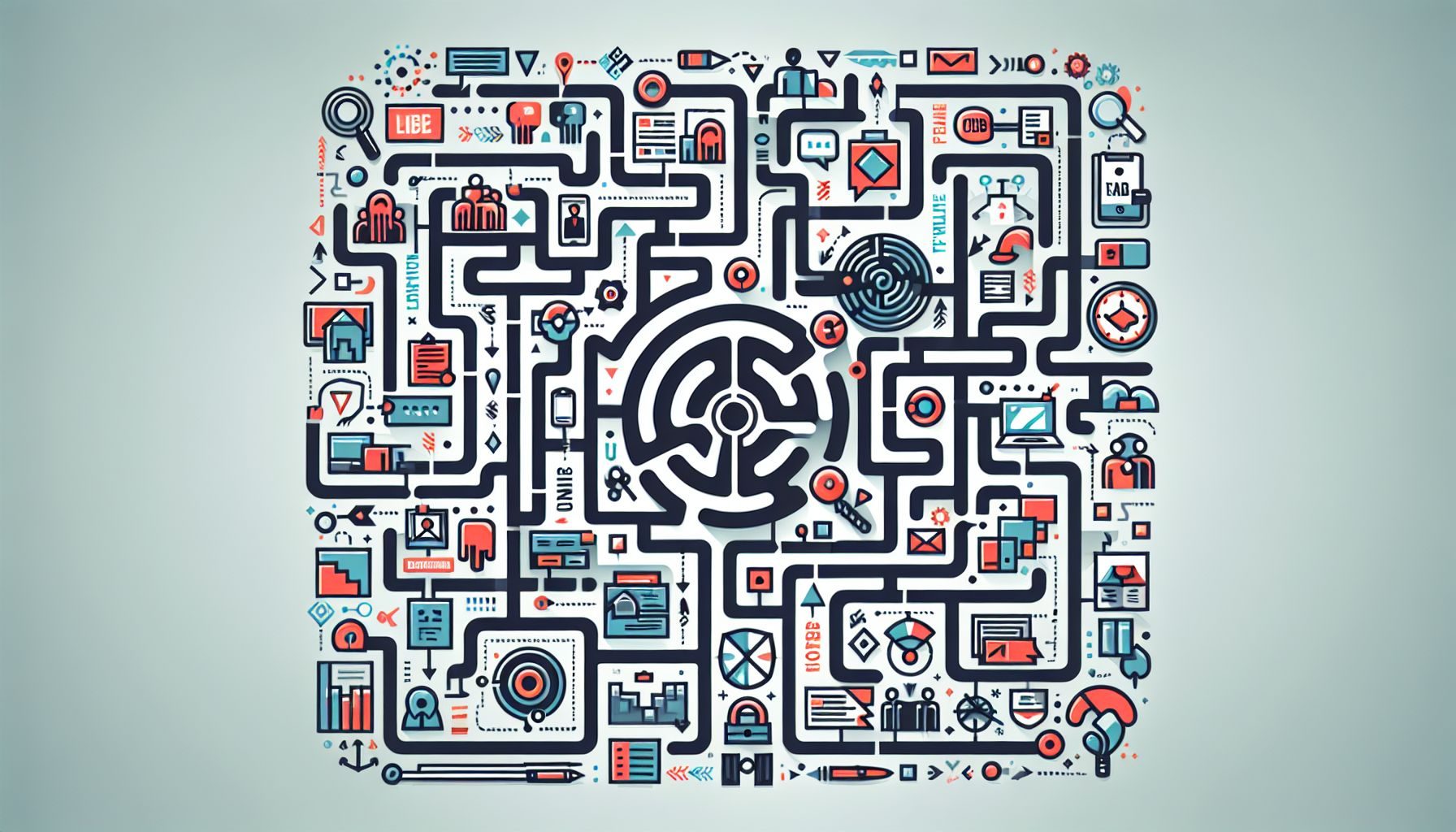 A symbolic image of a labyrinth with various paths leading to a central point, each path labeled with a different job hunting methods (online portals, networking, job fairs, consulting firms), symbolizing the process of finding a job in Hungary.