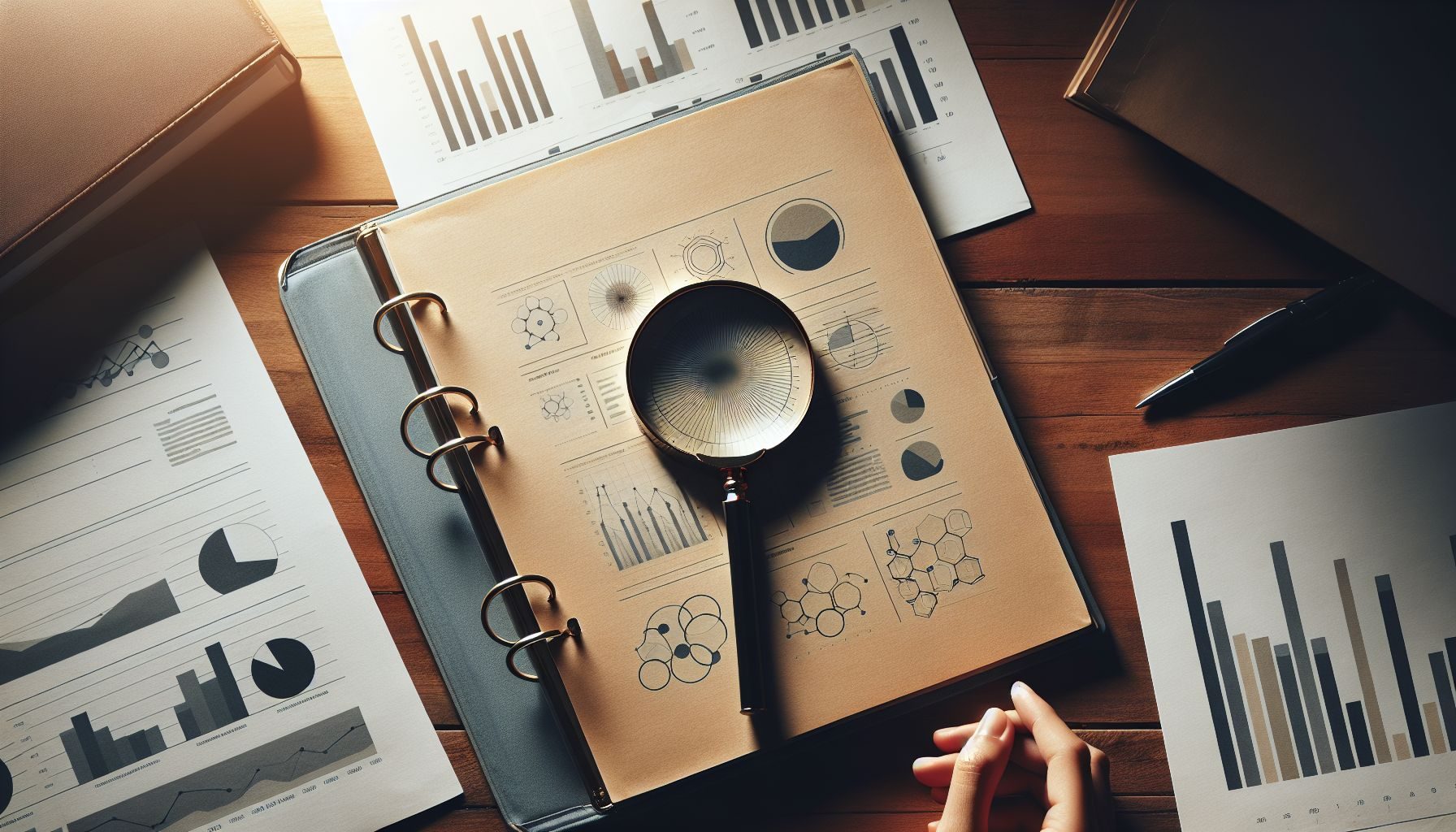 An elegant top-down shot of a wooden table featuring a magnifying glass rested atop of an open market research report, signifying in-depth analysis and strategic planning.