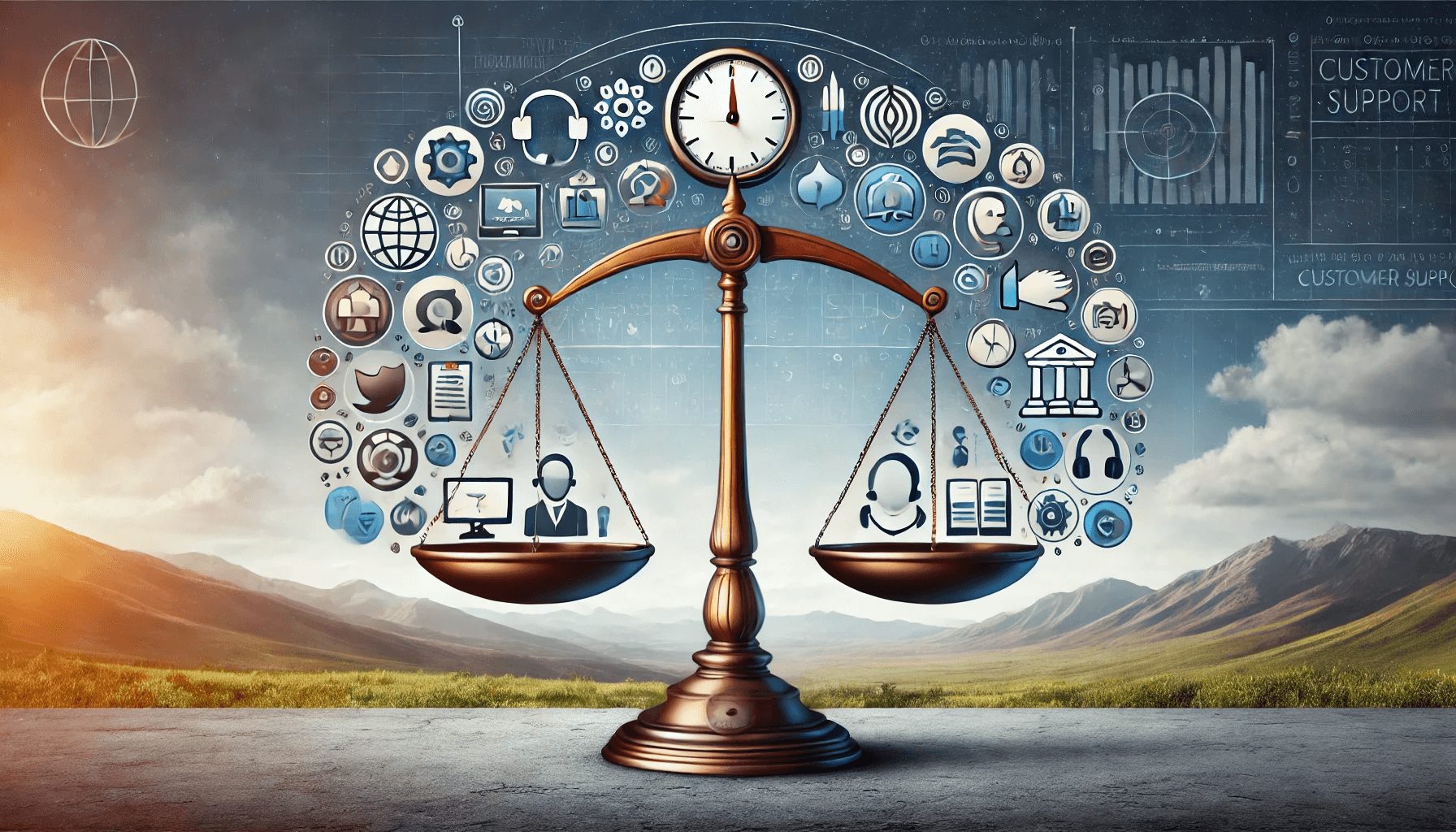 A balanced scale with different customer support elements such as language, culture, technology, staff training, and response time, implying the need for balancing various strategies in providing effective customer support.