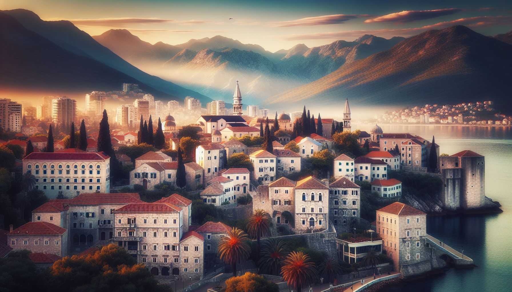 Eine malerische Aussicht auf die Stadtsilhouette Montenegros, die ihre Mischung aus historischer und zeitgenössischer Architektur zur Schau stellt.