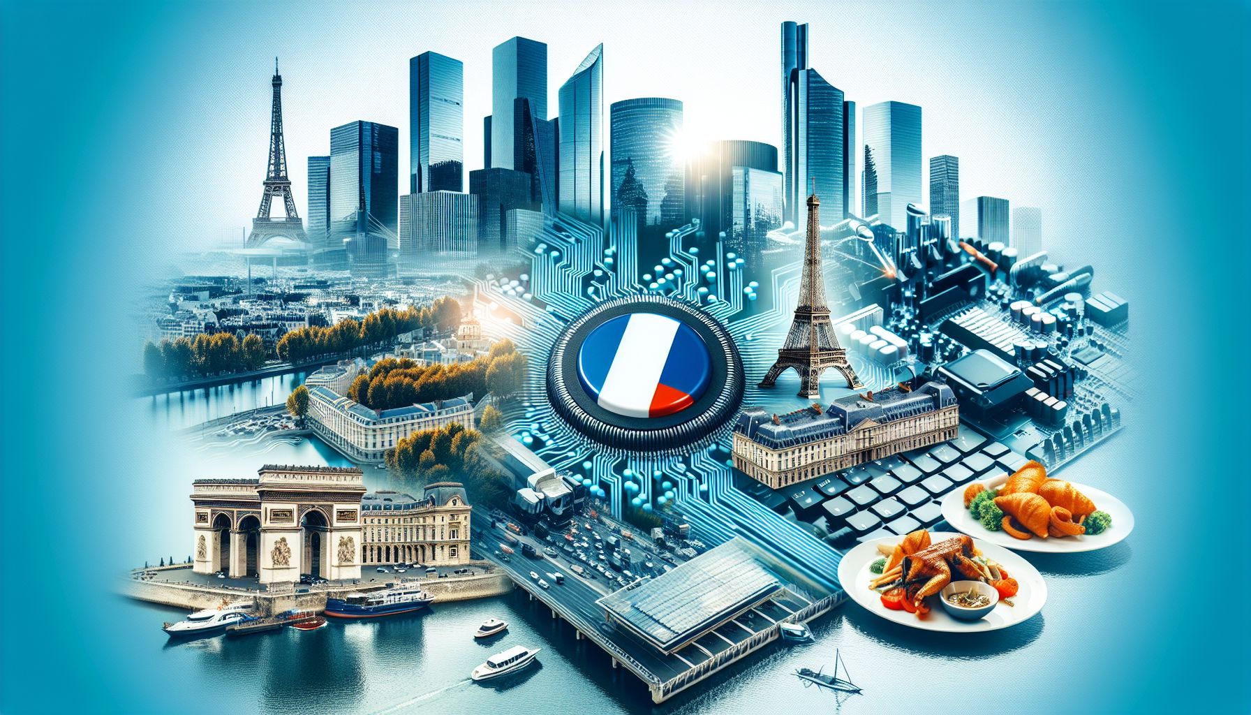 Un collage diversifié mettant en vedette des images représentatives des principales industries en France telles qu'un horizon parsemé de gratte-ciel symbolisant les services bancaires et financiers, une image d'une puce informatique représentant l'industrie technologique, et un assortiment d'assiettes avec de la cuisine française indiquant le secteur du tourisme et de l'hôtellerie.