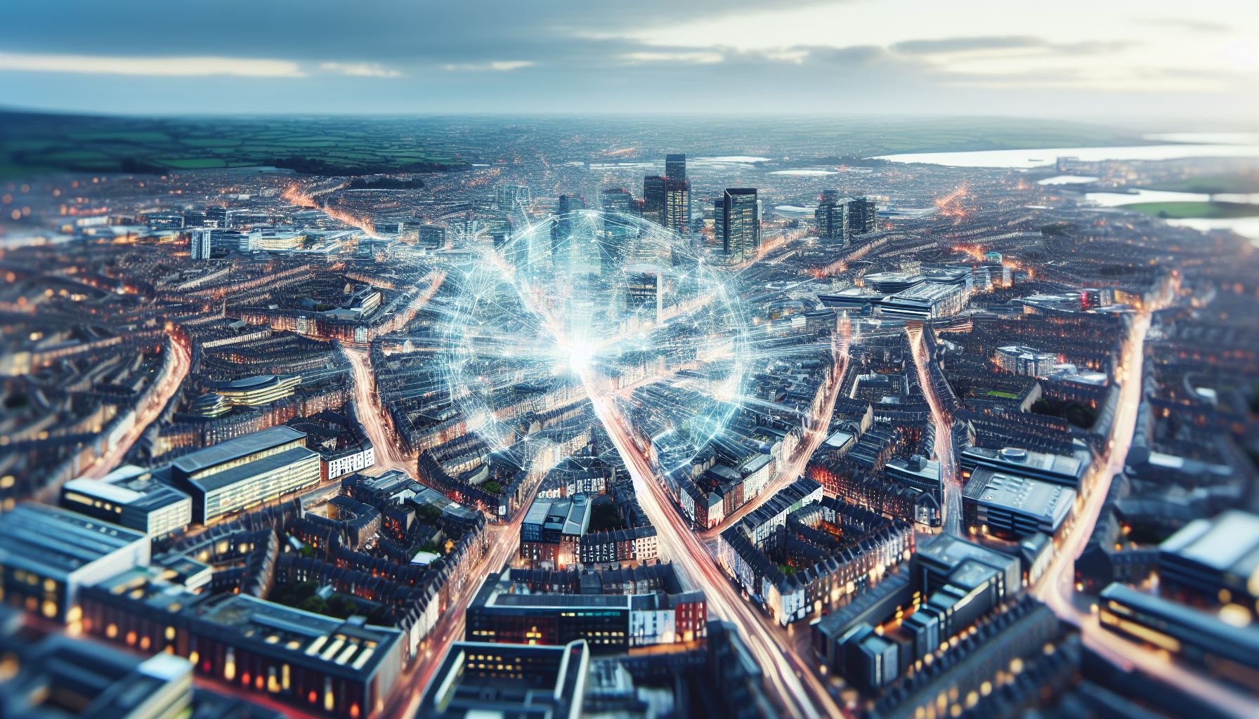 A zoomed-out, aerial view of a dense cityscape, symbolizing the thriving business environment in Ireland.