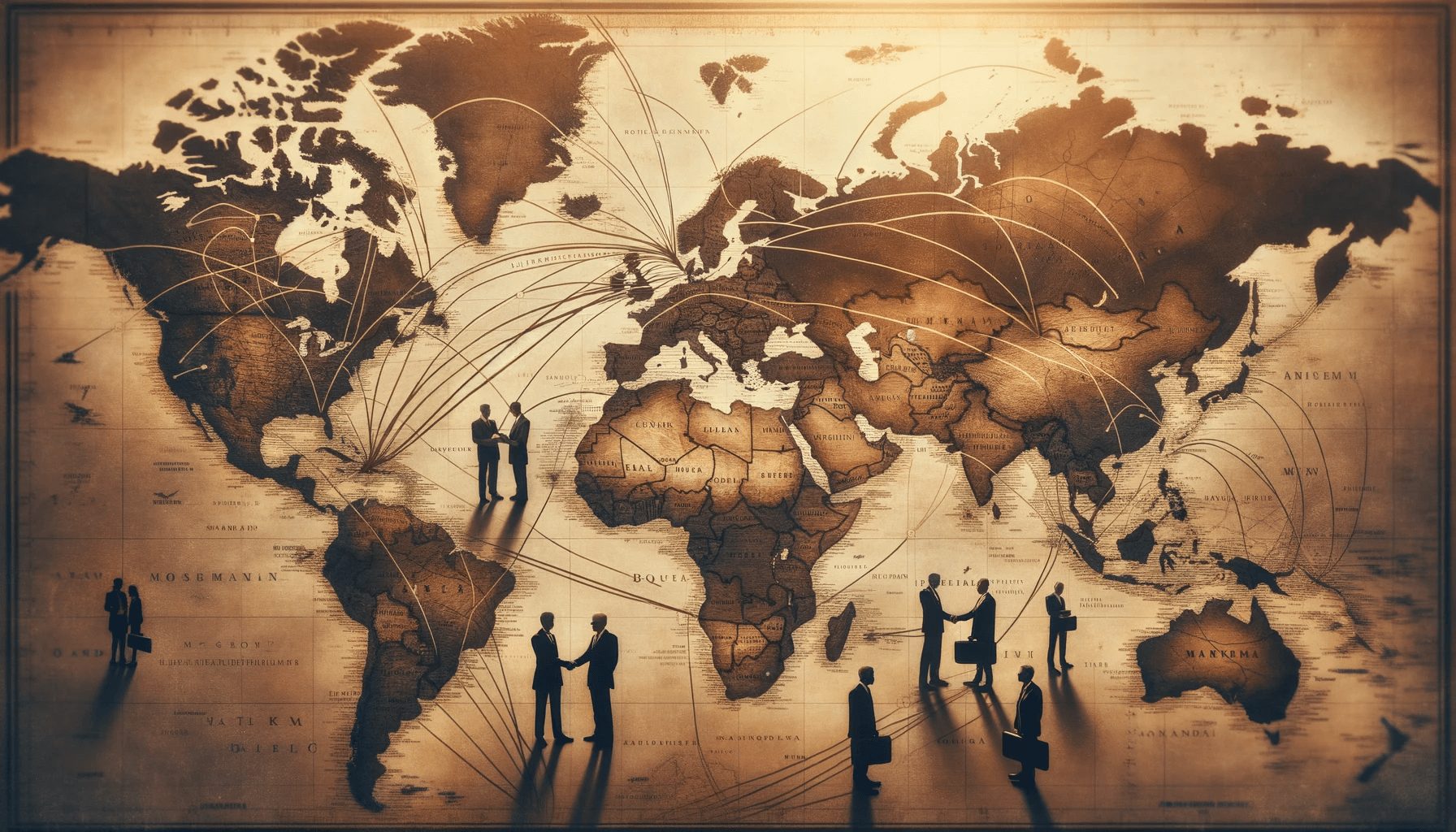 Photo of a vintage world map focused on Europe, with various paths crisscrossing between countries, symbolizing business connections.