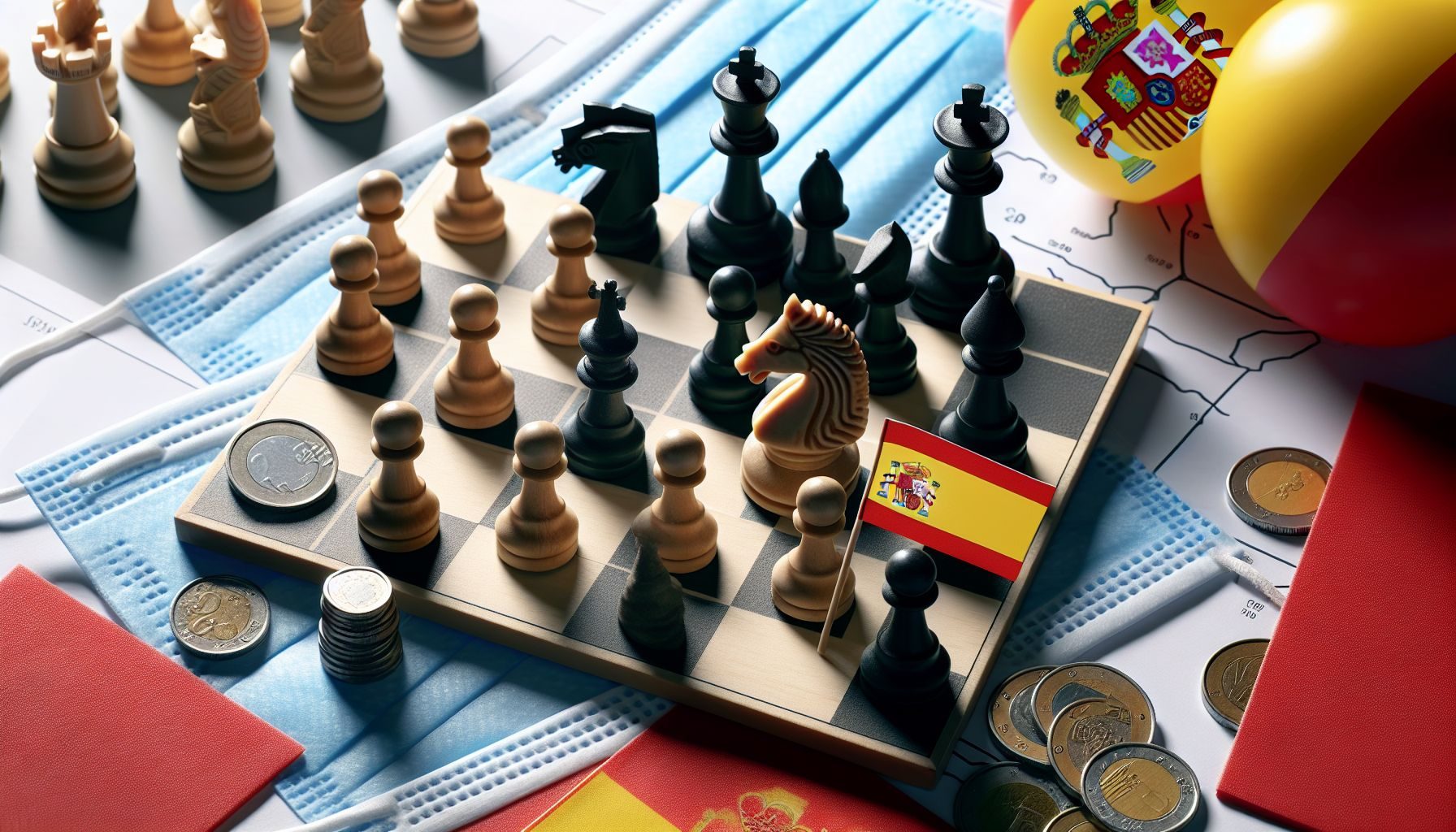 Un échiquier avec des pièces dans des positions stratégiques indiquant la nécessité de la planification stratégique et de la gestion des risques pour faire face aux incertitudes politiques et économiques en Espagne.