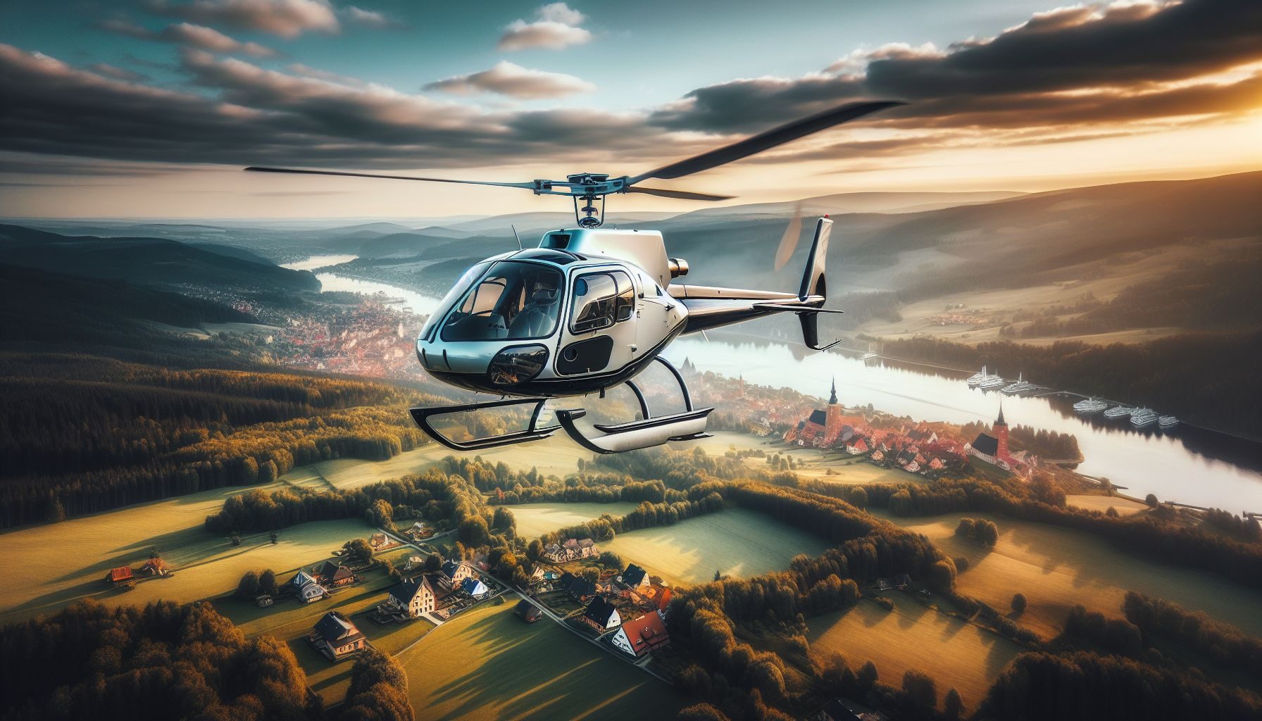 An aerial view of a helicopter flying over Poland's scenic landscapes, signifying the end-goal of own a private chopper and enjoying the freedom it brings.