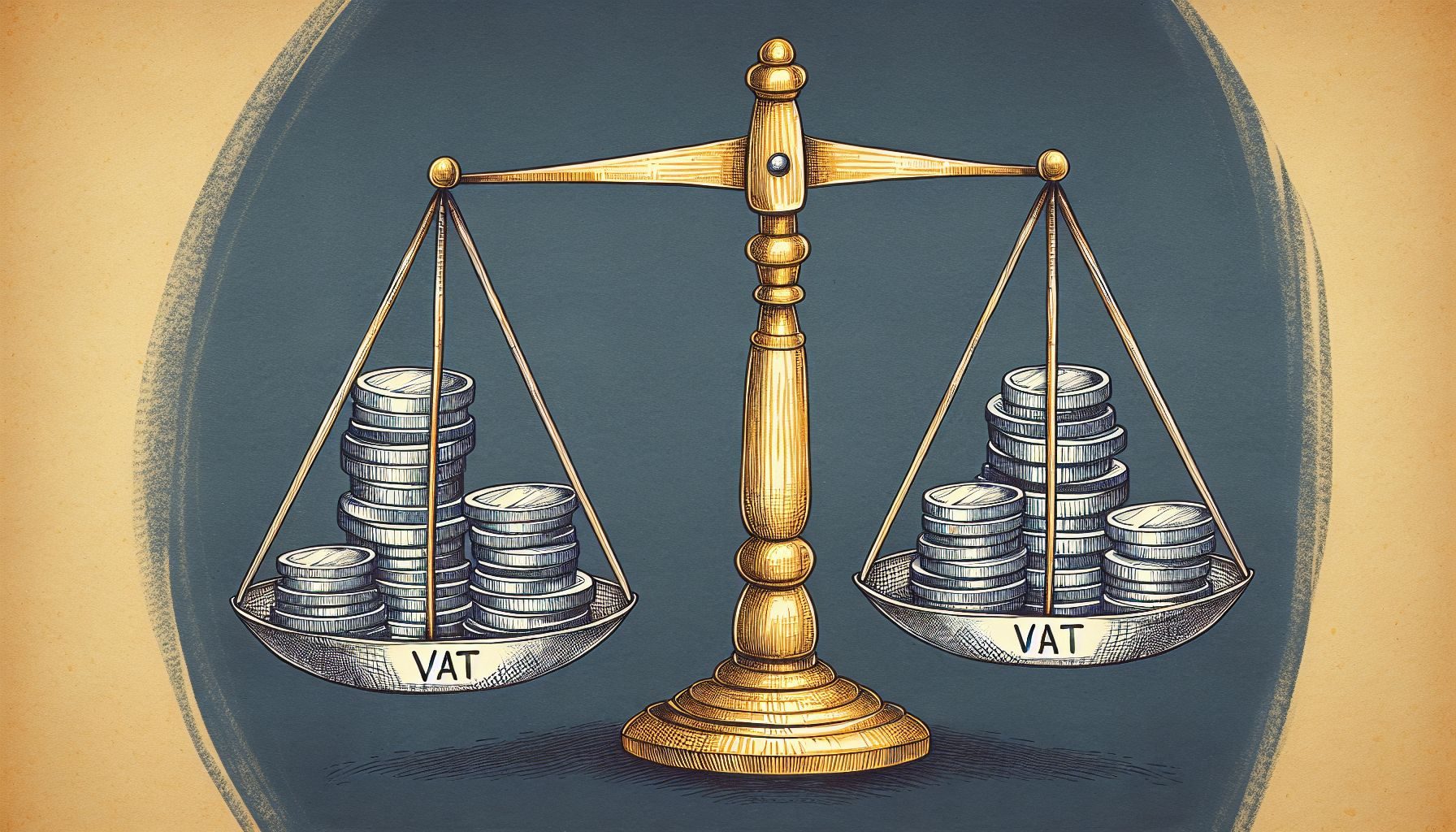 A set of hand-drawn scales balancing coins, symbolizing the concept of VAT and financial equilibrium in a business context.