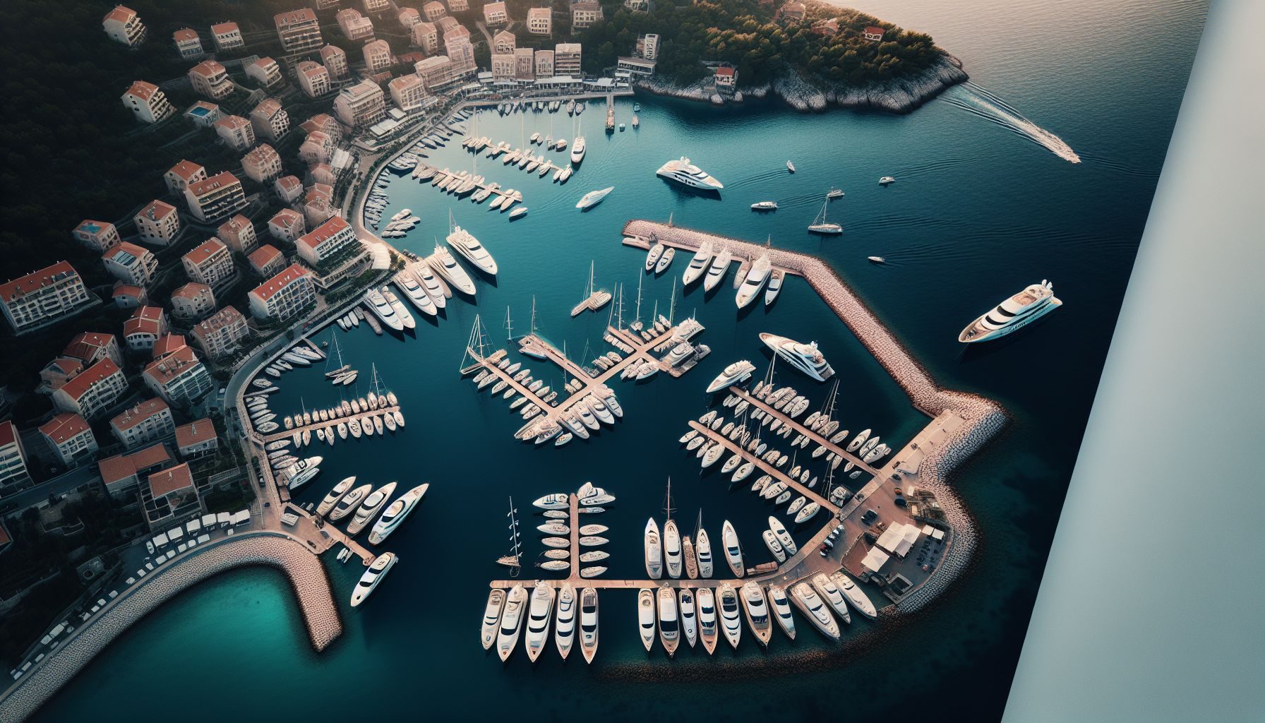 Vue aérienne d'une marina immaculée du Monténégro remplie de yachts amarrés, illustrant la tranquillité et la beauté que offre la navigation de plaisance au Monténégro.