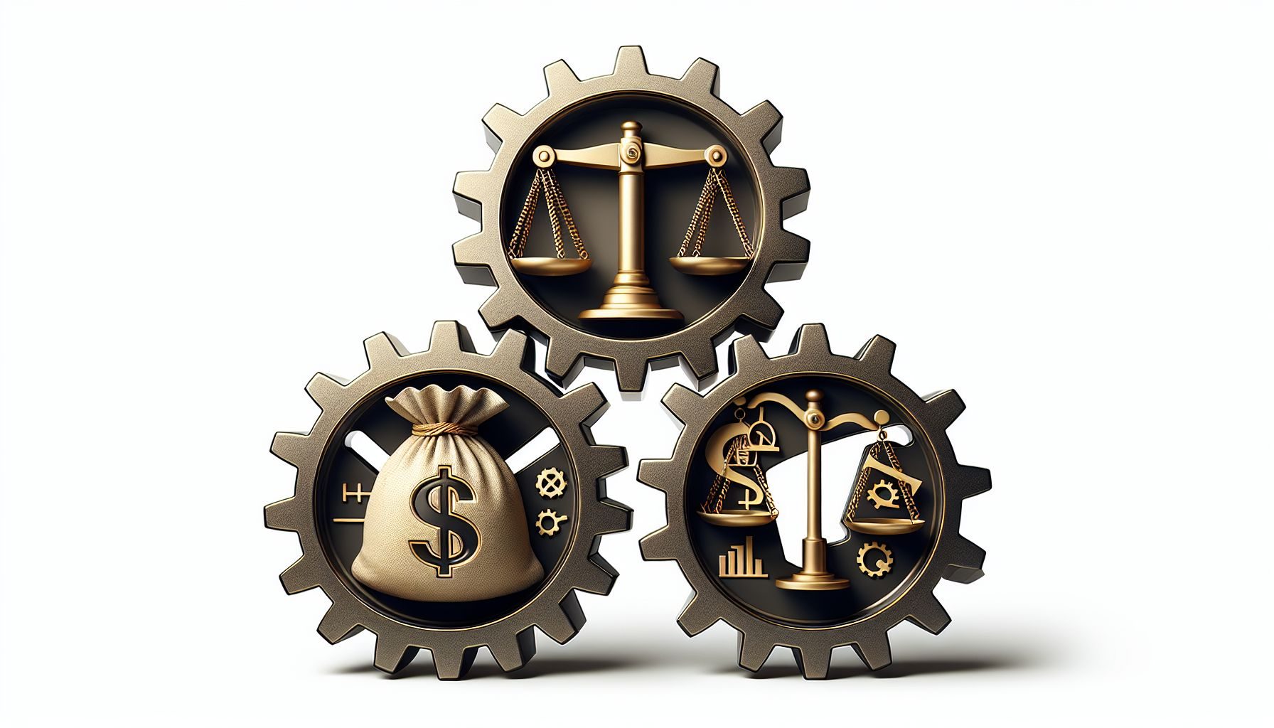 Three interconnected gears bearing the symbols of a money bag, a legal scale, and a market graph to illustrate the balance between financial, legal, and market dynamics in the Romanian business context.